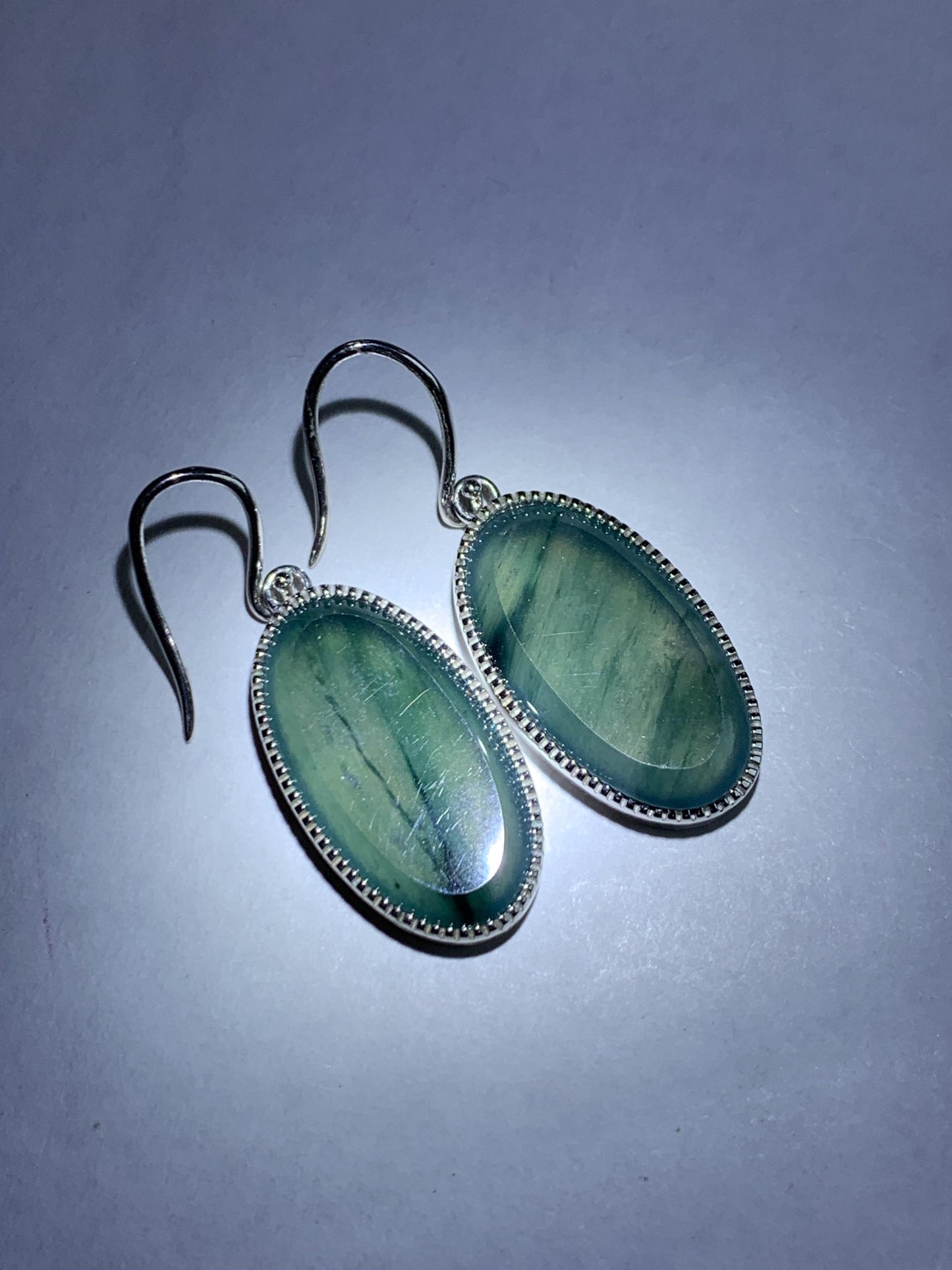 Certified Natural Grade A Guatemalan Icy Translucent Teal Green Marbled Jade Jadeite Oval Dangle Earrings Sterling Silver 天然冰危飘绿翡翠银镶耳钩 178