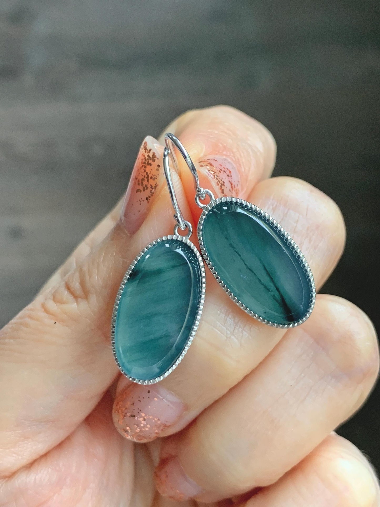 Certified Natural Grade A Guatemalan Icy Translucent Teal Green Marbled Jade Jadeite Oval Dangle Earrings Sterling Silver 天然冰危飘绿翡翠银镶耳钩 178
