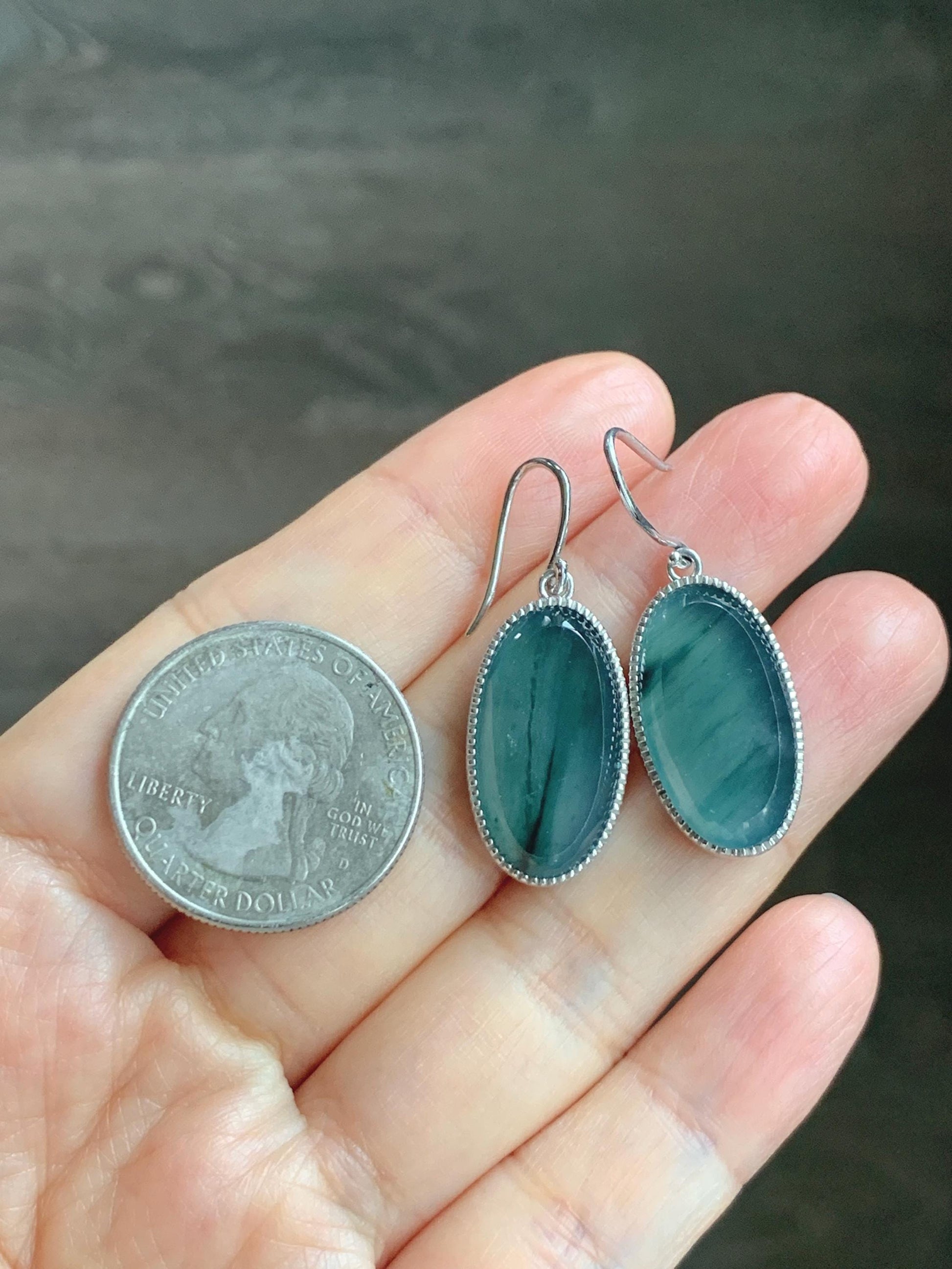Certified Natural Grade A Guatemalan Icy Translucent Teal Green Marbled Jade Jadeite Oval Dangle Earrings Sterling Silver 天然冰危飘绿翡翠银镶耳钩 178