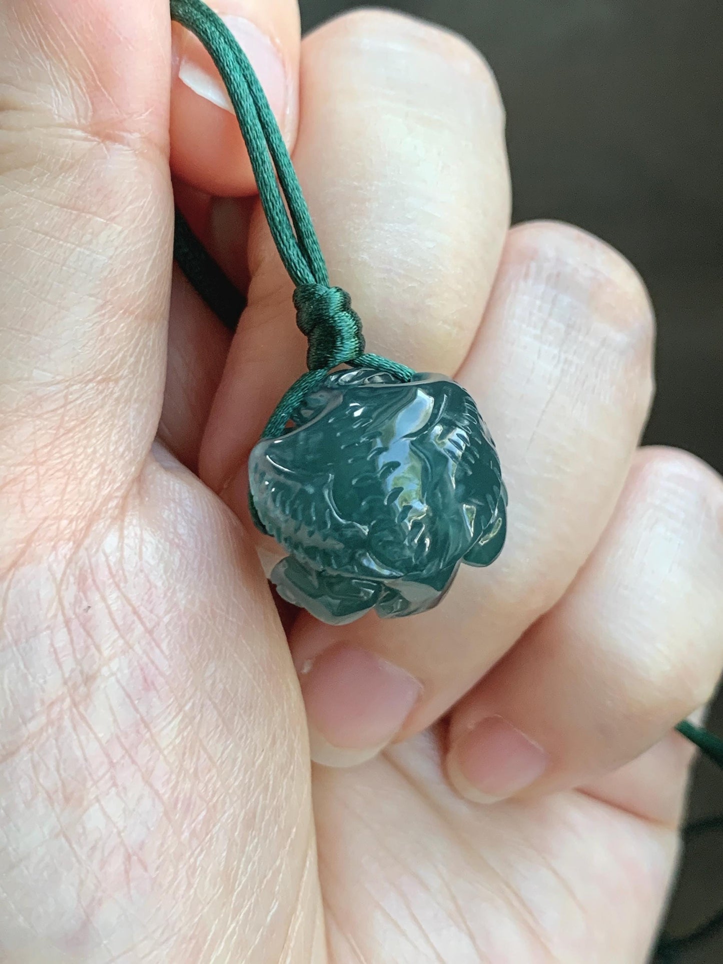 Natural Grade A Guatemalan Icy Translucent Dark Teal Blue Jade Jadeite Baby Dragon Ball Pendant Rope Necklace 26” 天然老种冰胶危深蓝翡翠龙宝宝吊坠 LBZ264B