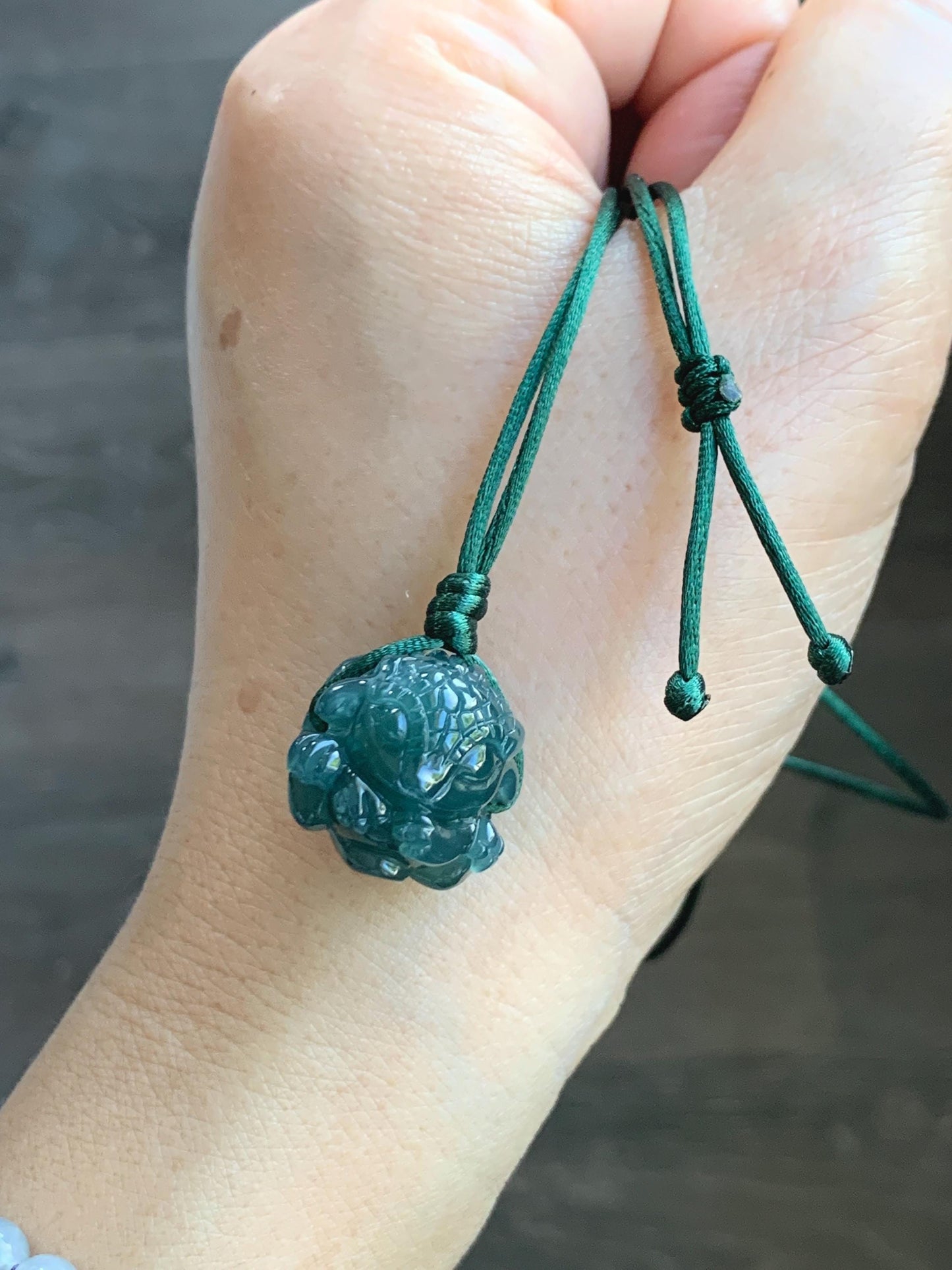 Natural Grade A Guatemalan Icy Translucent Dark Teal Blue Jade Jadeite Baby Dragon Ball Pendant Rope Necklace 26” 天然老种冰胶危深蓝翡翠龙宝宝吊坠 LBZ264B