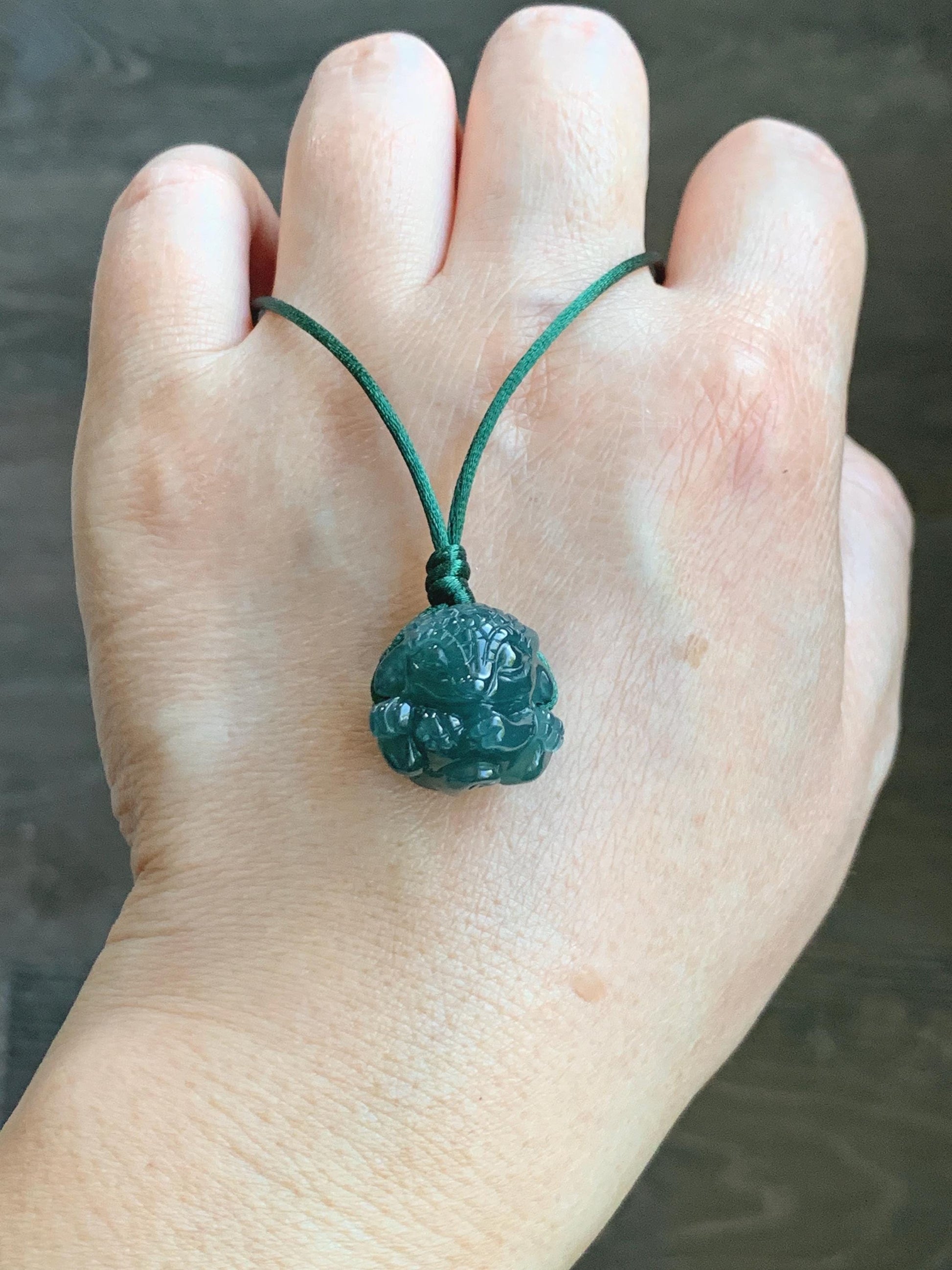 Natural Grade A Guatemalan Icy Translucent Dark Teal Blue Jade Jadeite Baby Dragon Ball Pendant Rope Necklace 26” 天然老种冰胶危深蓝翡翠龙宝宝吊坠 LBZ264B