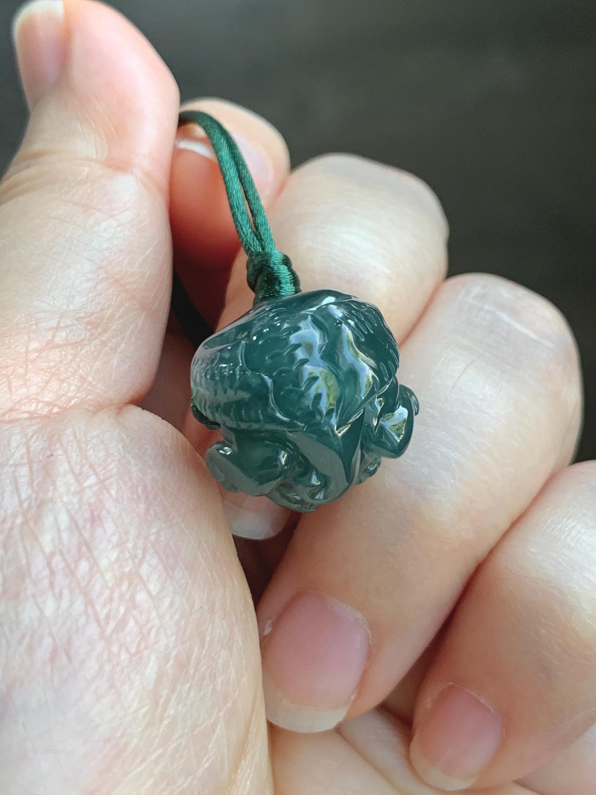 Natural Grade A Guatemalan Icy Translucent Dark Teal Blue Jade Jadeite Baby Dragon Ball Pendant Rope Necklace 26” 天然老种冰胶危深蓝翡翠龙宝宝吊坠 LBZ264B