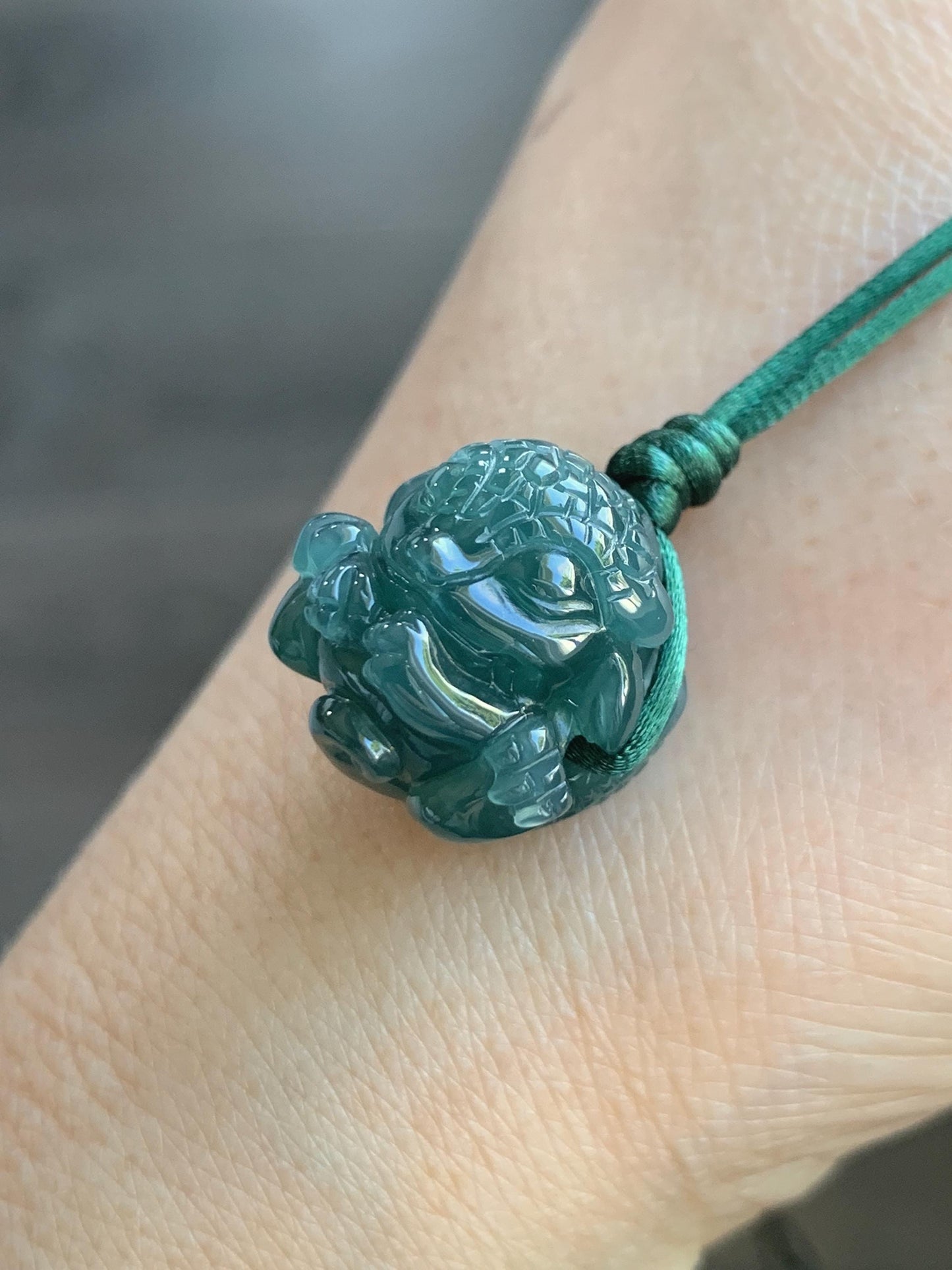 Natural Grade A Guatemalan Icy Translucent Dark Teal Blue Jade Jadeite Baby Dragon Ball Pendant Rope Necklace 26” 天然老种冰胶危深蓝翡翠龙宝宝吊坠 LBZ264B