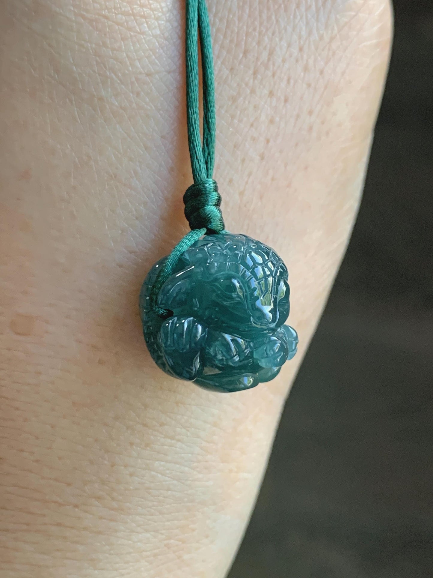 Natural Grade A Guatemalan Icy Translucent Dark Teal Blue Jade Jadeite Baby Dragon Ball Pendant Rope Necklace 26” 天然老种冰胶危深蓝翡翠龙宝宝吊坠 LBZ264B