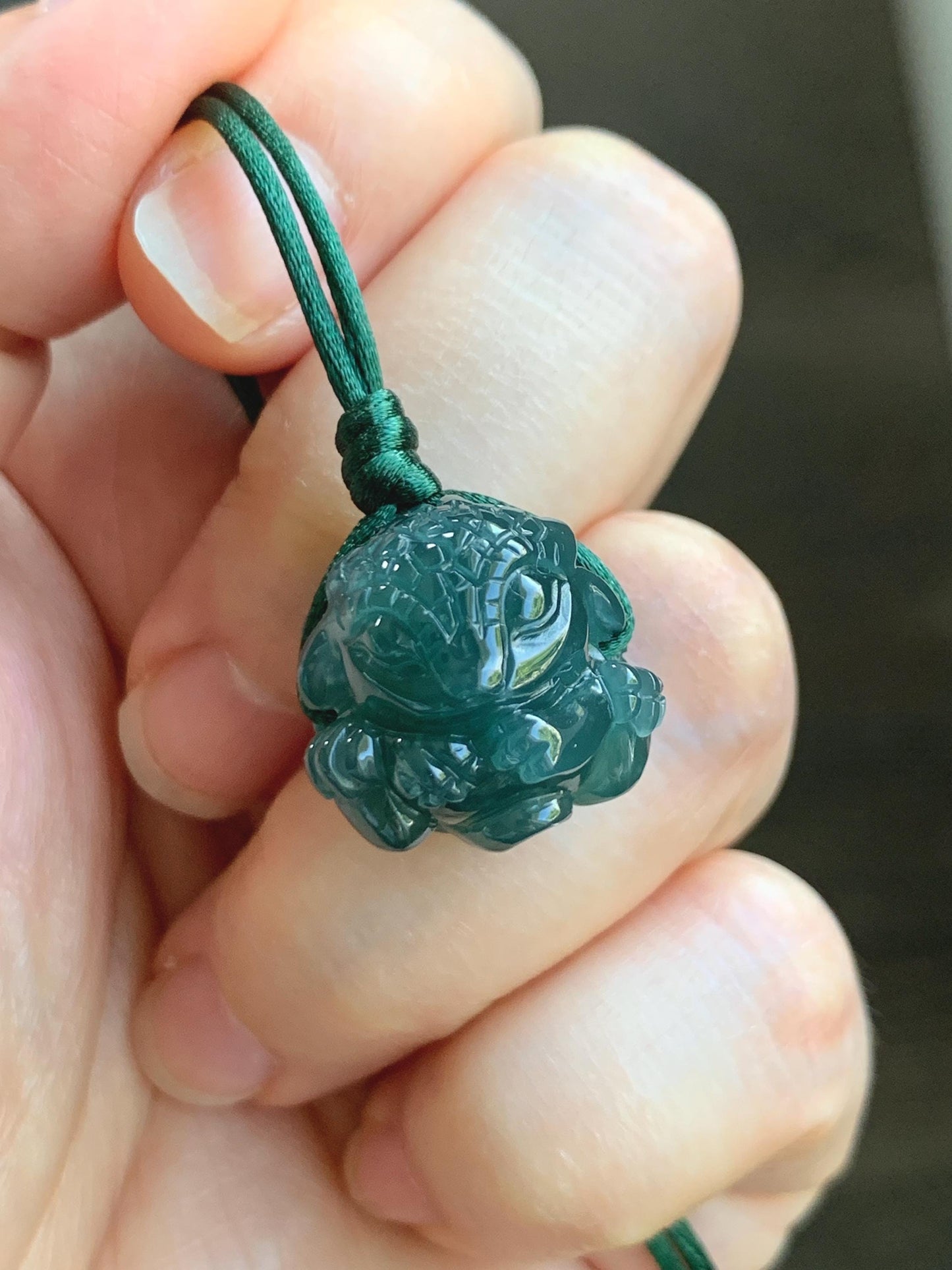 Natural Grade A Guatemalan Icy Translucent Dark Teal Blue Jade Jadeite Baby Dragon Ball Pendant Rope Necklace 26” 天然老种冰胶危深蓝翡翠龙宝宝吊坠 LBZ264B