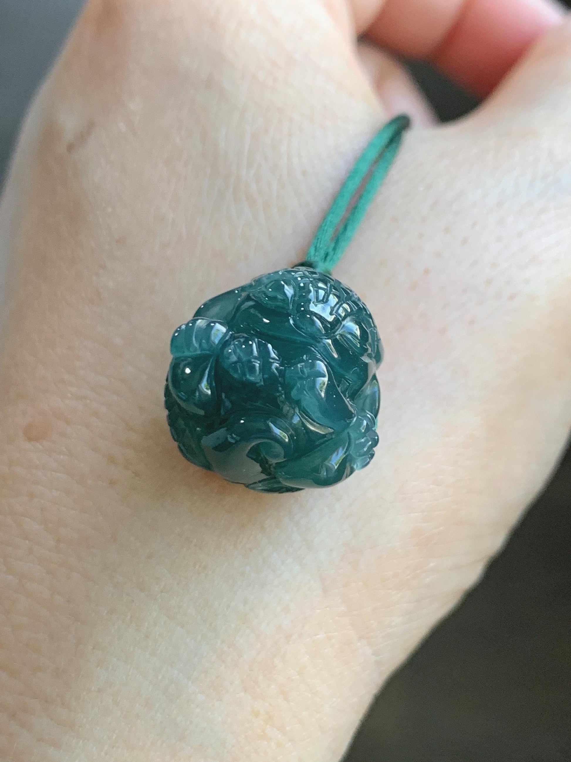 Natural Grade A Guatemalan Icy Translucent Dark Teal Blue Jade Jadeite Baby Dragon Ball Pendant Rope Necklace 26” 天然老种冰胶危深蓝翡翠龙宝宝吊坠 LBZ264B