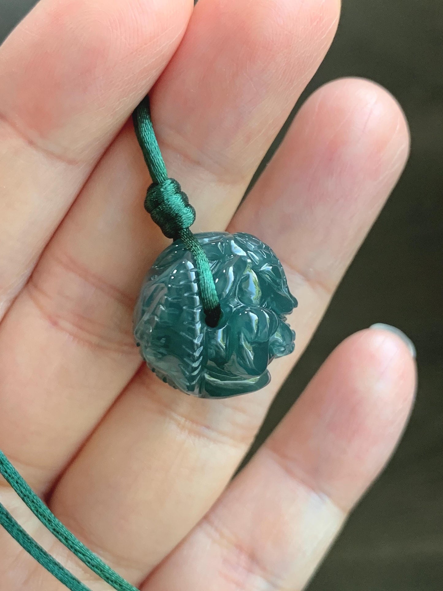 Natural Grade A Guatemalan Icy Translucent Dark Teal Blue Jade Jadeite Baby Dragon Ball Pendant Rope Necklace 26” 天然老种冰胶危深蓝翡翠龙宝宝吊坠 LBZ264B