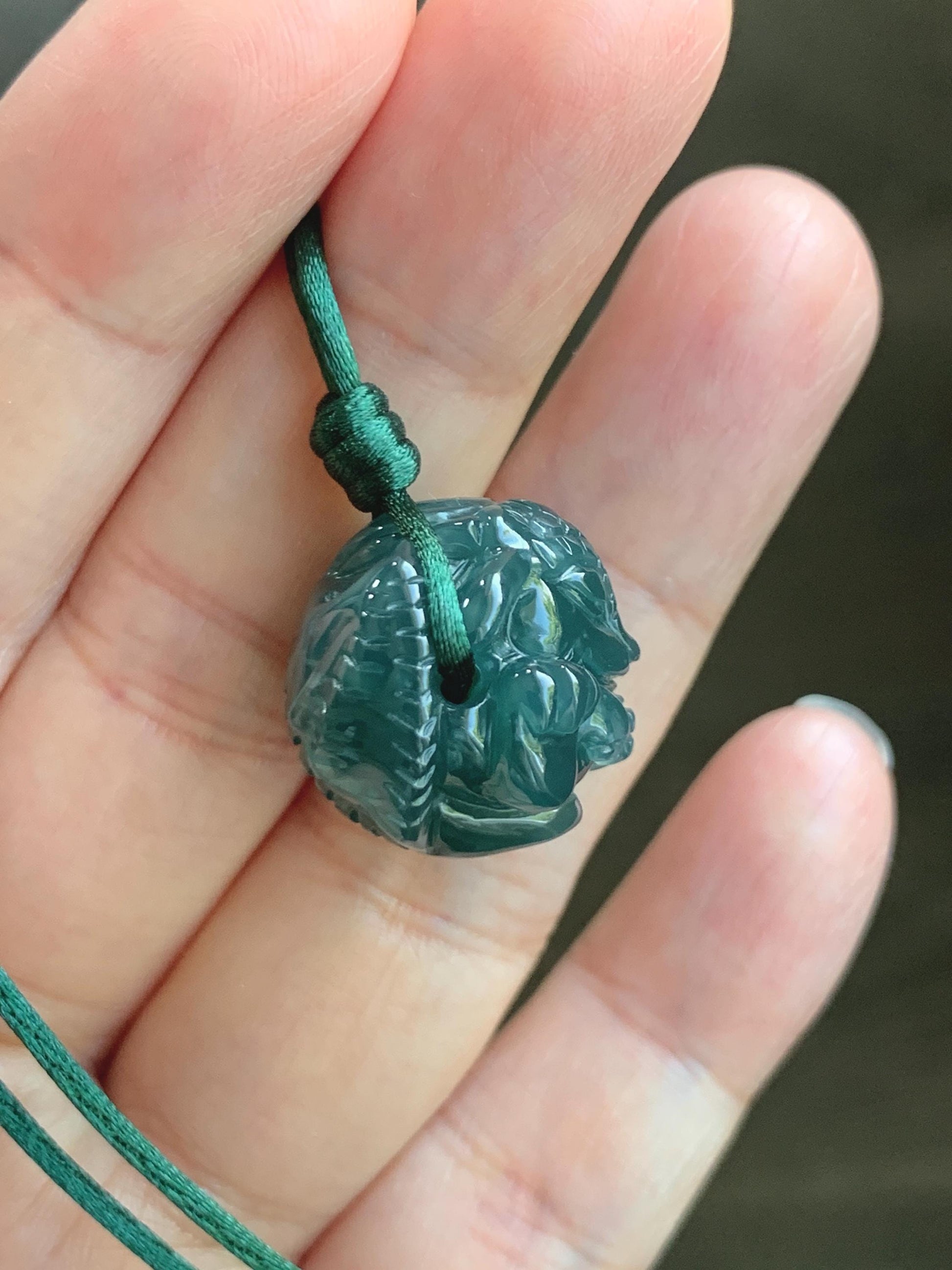 Natural Grade A Guatemalan Icy Translucent Dark Teal Blue Jade Jadeite Baby Dragon Ball Pendant Rope Necklace 26” 天然老种冰胶危深蓝翡翠龙宝宝吊坠 LBZ264B