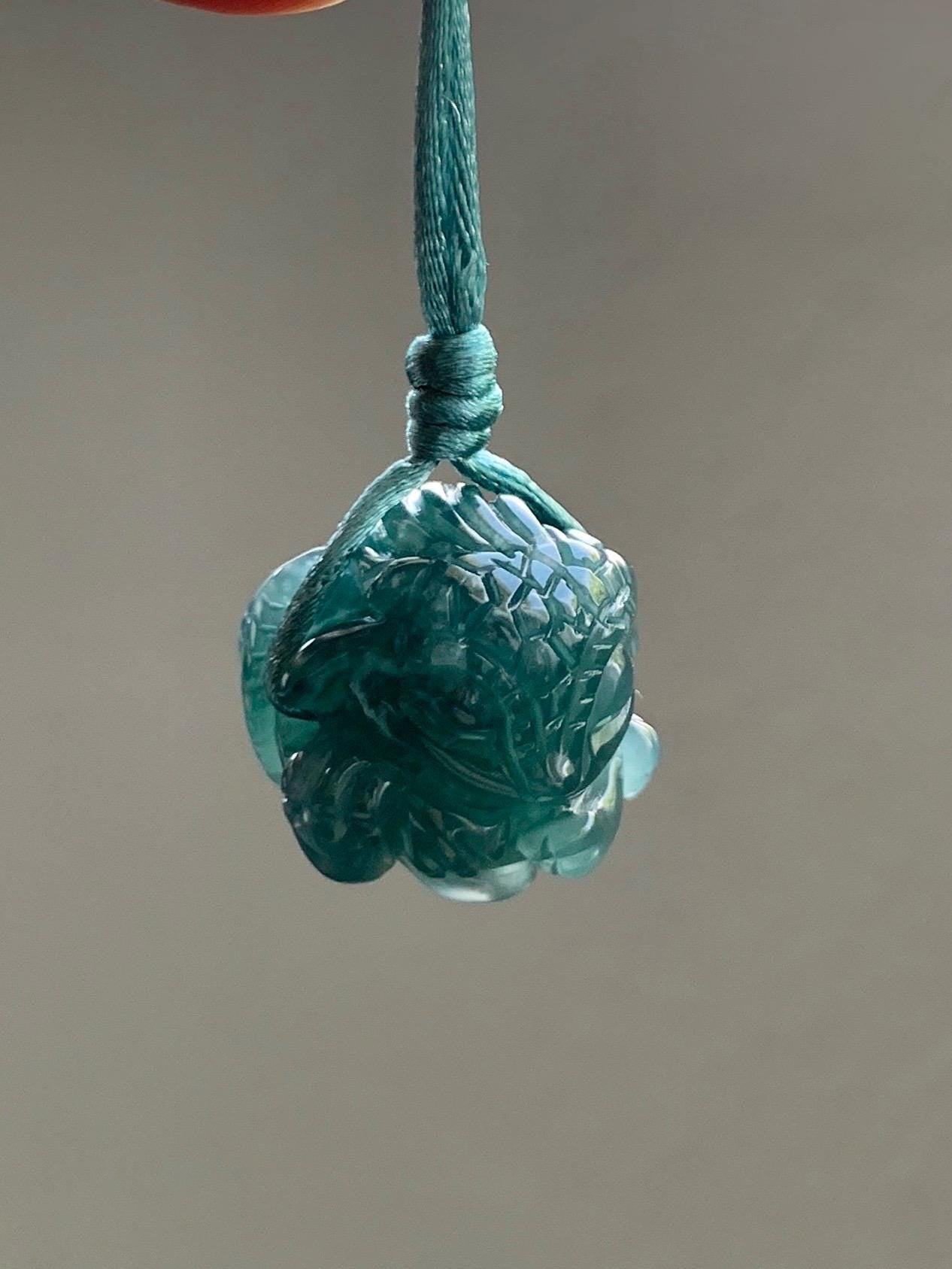 Natural Grade A Guatemalan Icy Translucent Dark Teal Blue Jade Jadeite Baby Dragon Ball Pendant Rope Necklace 26” 天然老种冰胶危深蓝翡翠龙宝宝吊坠 LBZ264A