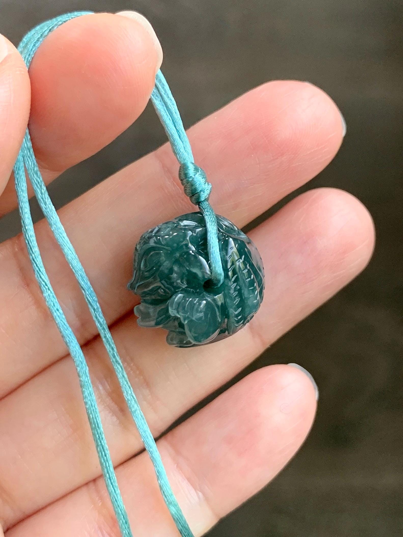 Natural Grade A Guatemalan Icy Translucent Dark Teal Blue Jade Jadeite Baby Dragon Ball Pendant Rope Necklace 26” 天然老种冰胶危深蓝翡翠龙宝宝吊坠 LBZ264A