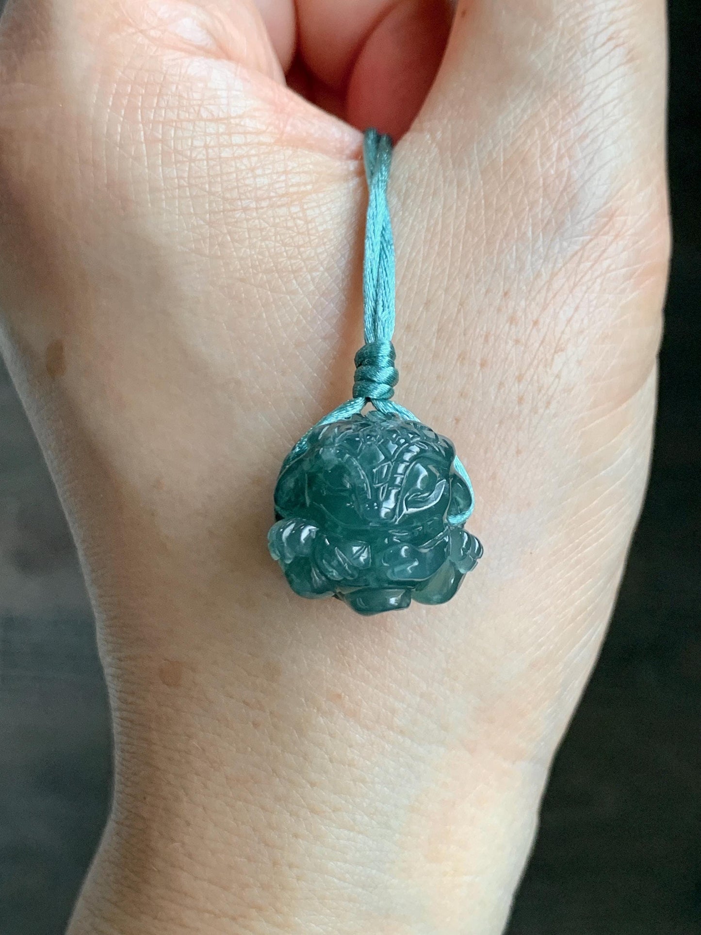 Natural Grade A Guatemalan Icy Translucent Dark Teal Blue Jade Jadeite Baby Dragon Ball Pendant Rope Necklace 26” 天然老种冰胶危深蓝翡翠龙宝宝吊坠 LBZ264A