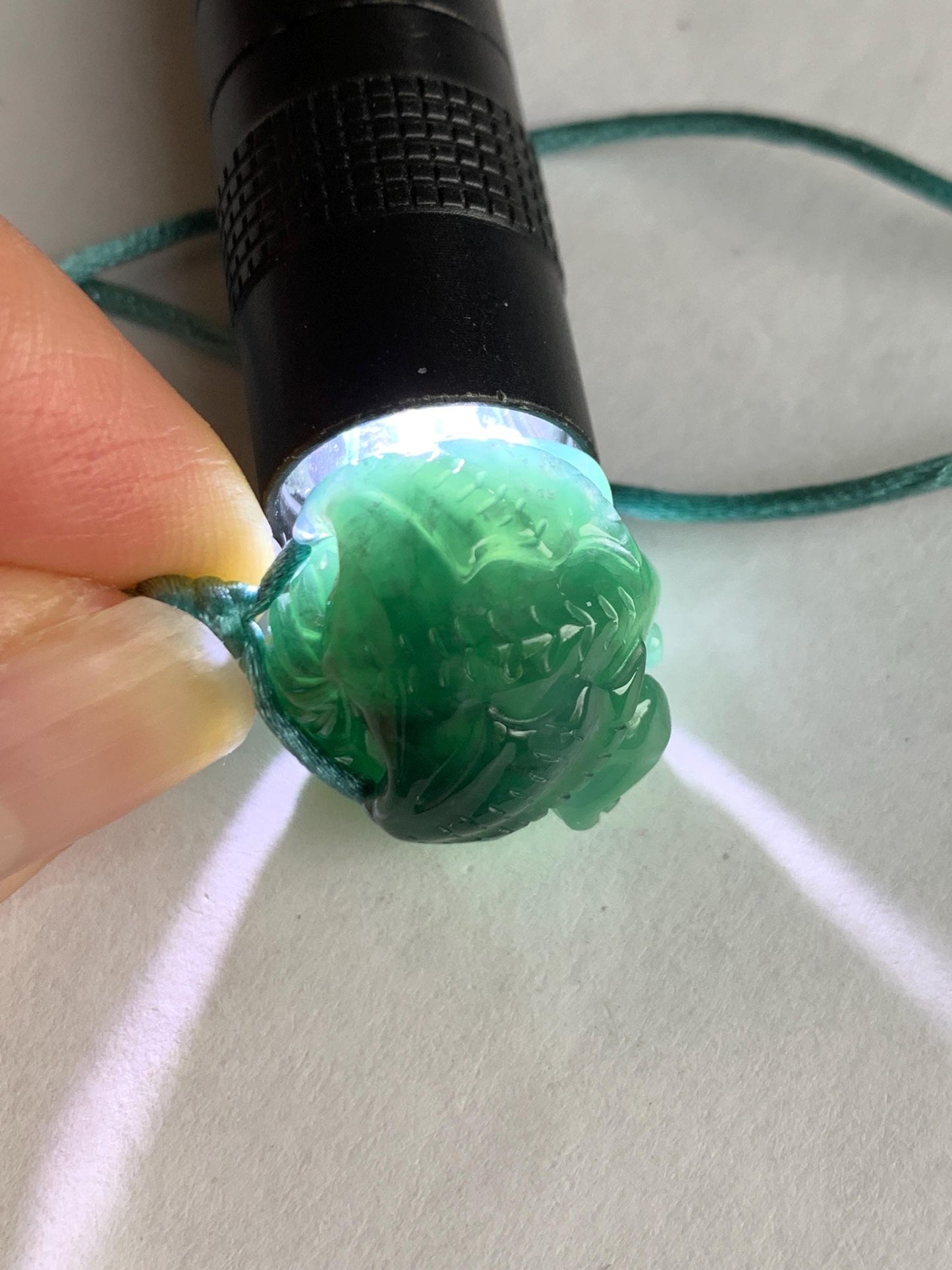 Natural Grade A Guatemalan Icy Translucent Dark Teal Blue Jade Jadeite Baby Dragon Ball Pendant Rope Necklace 26” 天然老种冰胶危深蓝翡翠龙宝宝吊坠 LBZ264A