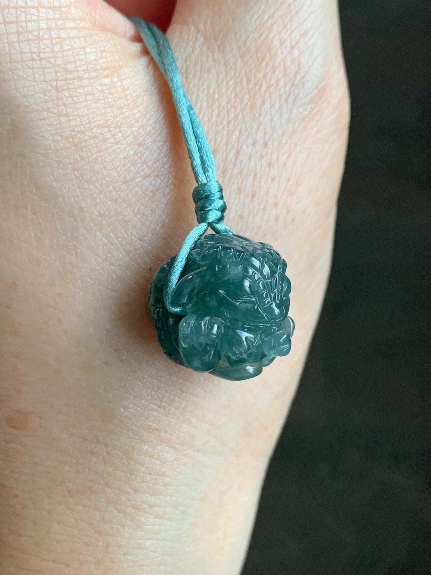 Natural Grade A Guatemalan Icy Translucent Dark Teal Blue Jade Jadeite Baby Dragon Ball Pendant Rope Necklace 26” 天然老种冰胶危深蓝翡翠龙宝宝吊坠 LBZ264A