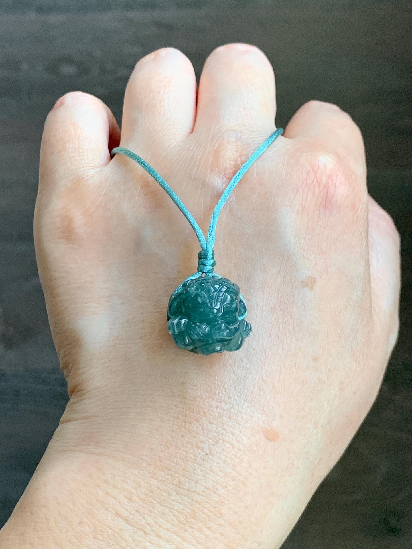 Natural Grade A Guatemalan Icy Translucent Dark Teal Blue Jade Jadeite Baby Dragon Ball Pendant Rope Necklace 26” 天然老种冰胶危深蓝翡翠龙宝宝吊坠 LBZ264A