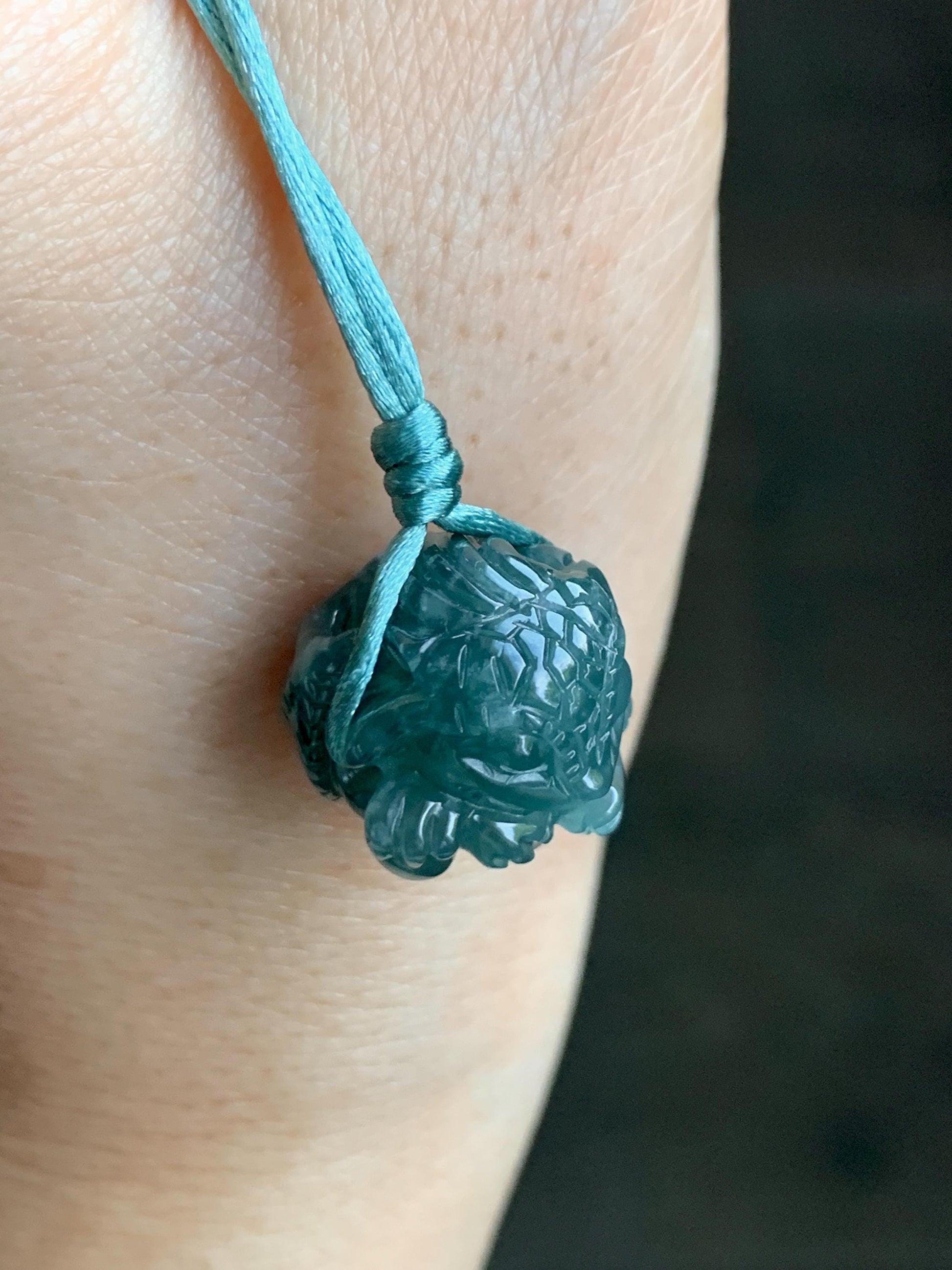 Natural Grade A Guatemalan Icy Translucent Dark Teal Blue Jade Jadeite Baby Dragon Ball Pendant Rope Necklace 26” 天然老种冰胶危深蓝翡翠龙宝宝吊坠 LBZ264A