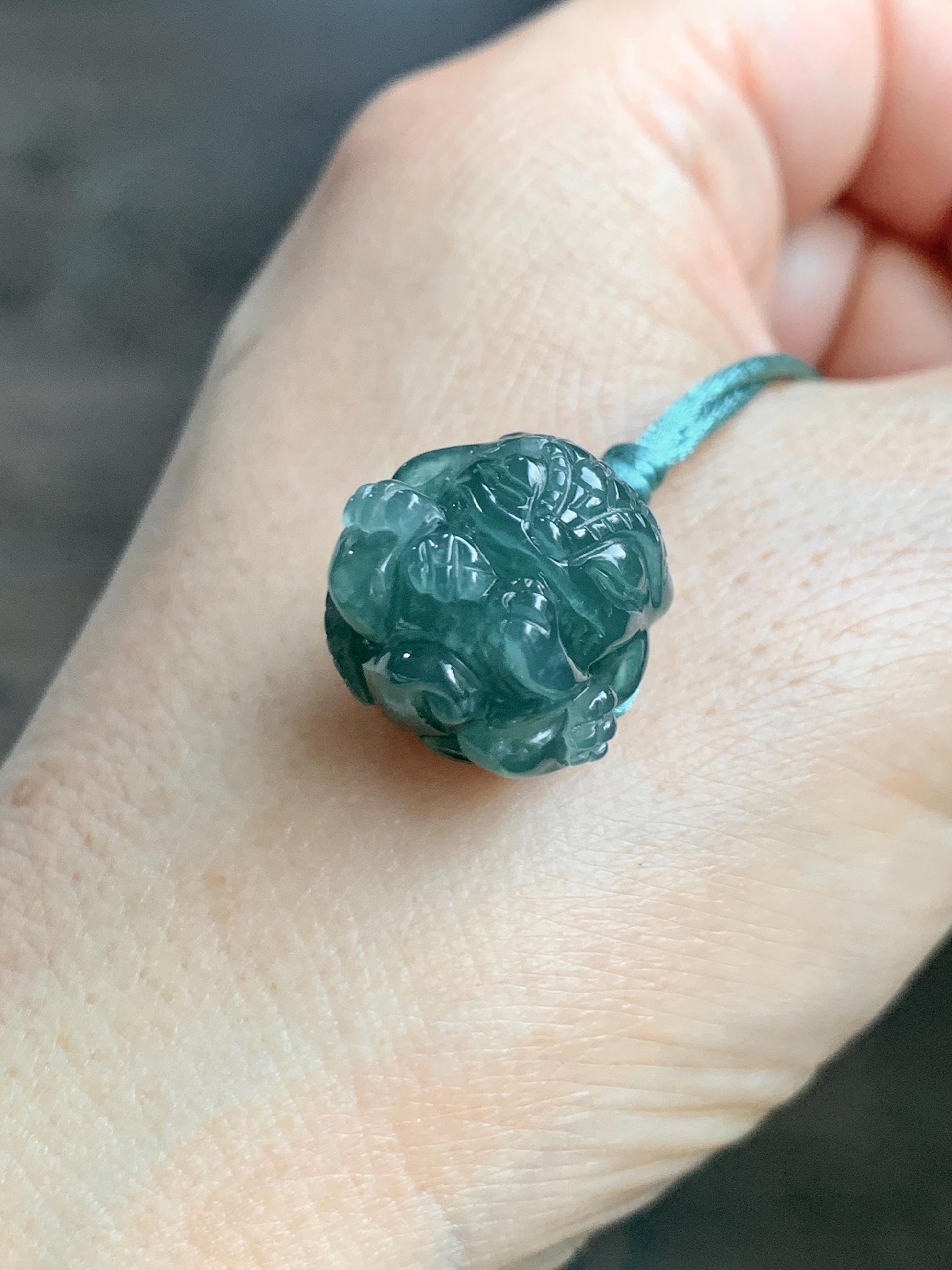 Natural Grade A Guatemalan Icy Translucent Dark Teal Blue Jade Jadeite Baby Dragon Ball Pendant Rope Necklace 26” 天然老种冰胶危深蓝翡翠龙宝宝吊坠 LBZ264A