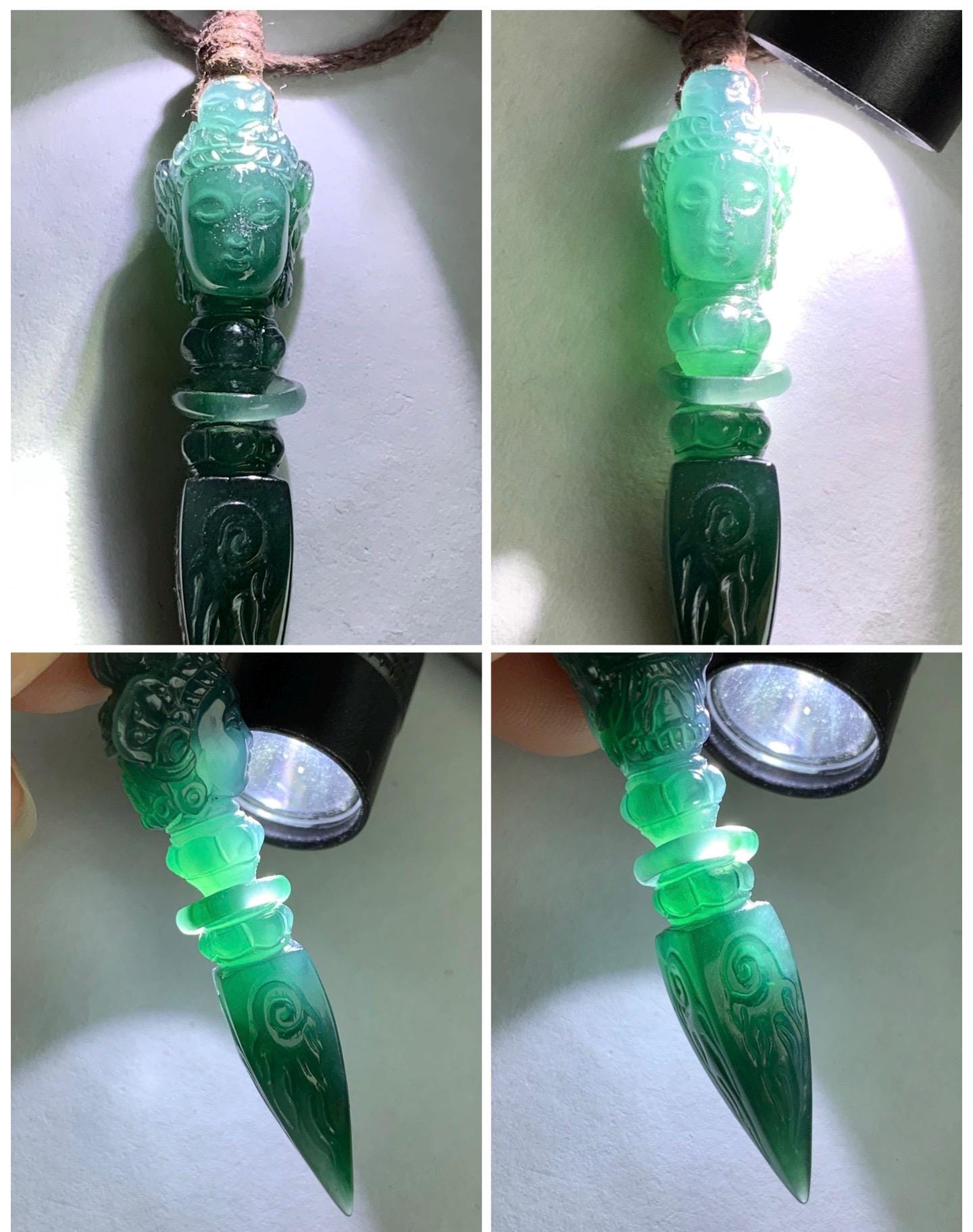 Natural Grade A Guatemalan Icy Translucent Dark Teal Blue Jade Jadeite Carved Vajra Pendant Rope Necklace 25” 7g 天然冰危蓝绿翡翠降魔杵吊坠项链 XMC238