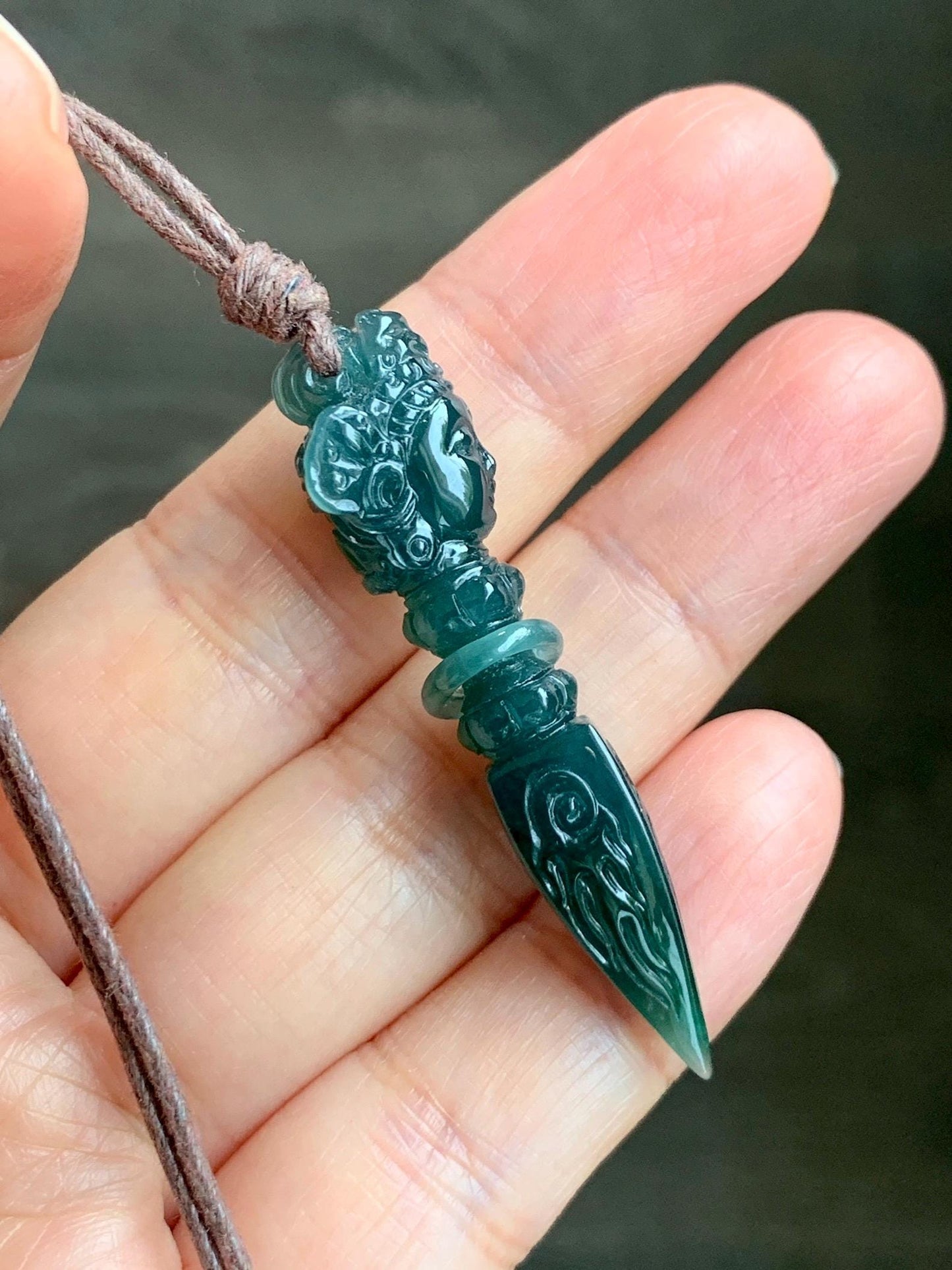 Natural Grade A Guatemalan Icy Translucent Dark Teal Blue Jade Jadeite Carved Vajra Pendant Rope Necklace 25” 7g 天然冰危蓝绿翡翠降魔杵吊坠项链 XMC238