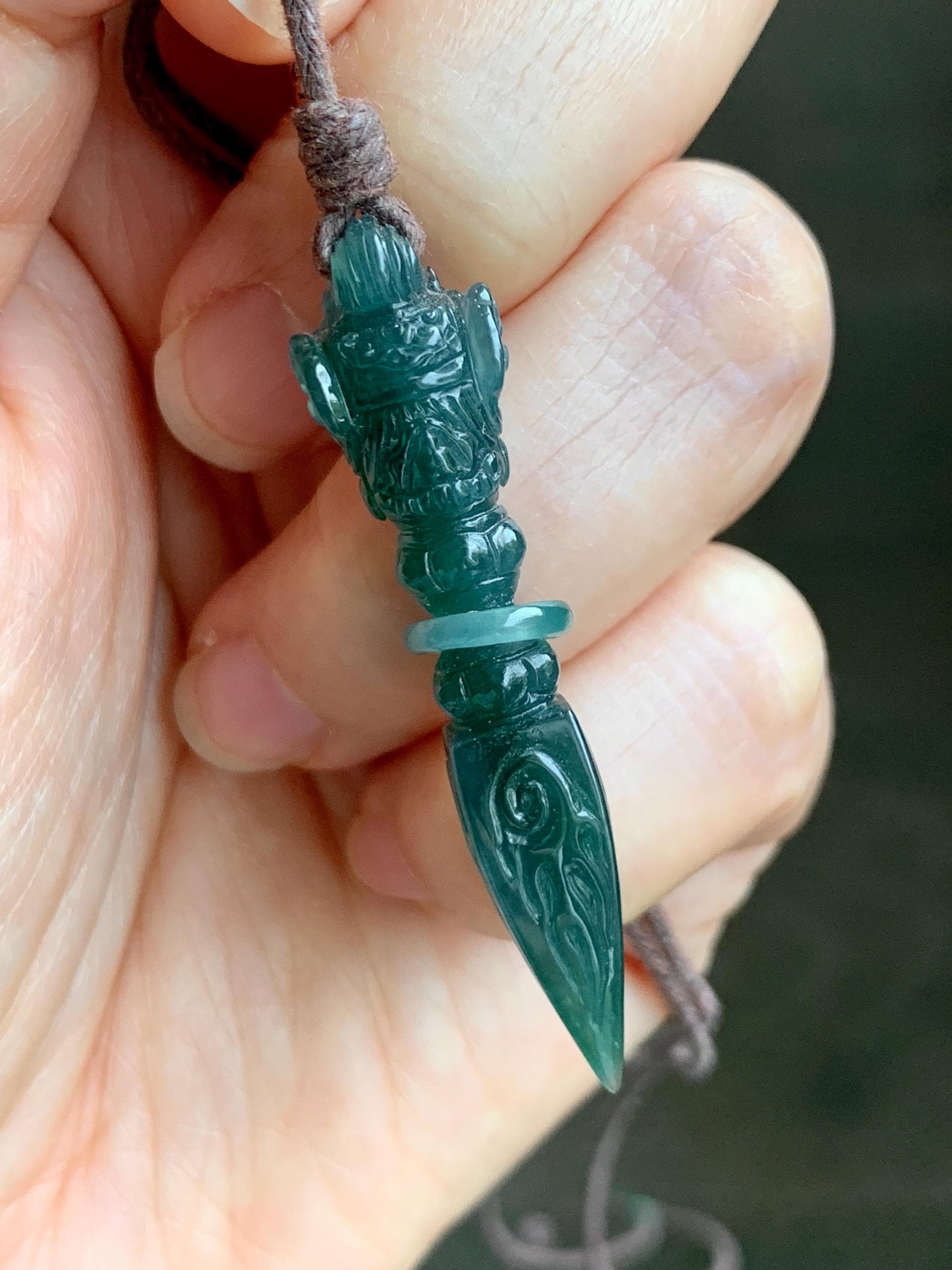 Natural Grade A Guatemalan Icy Translucent Dark Teal Blue Jade Jadeite Carved Vajra Pendant Rope Necklace 25” 7g 天然冰危蓝绿翡翠降魔杵吊坠项链 XMC238
