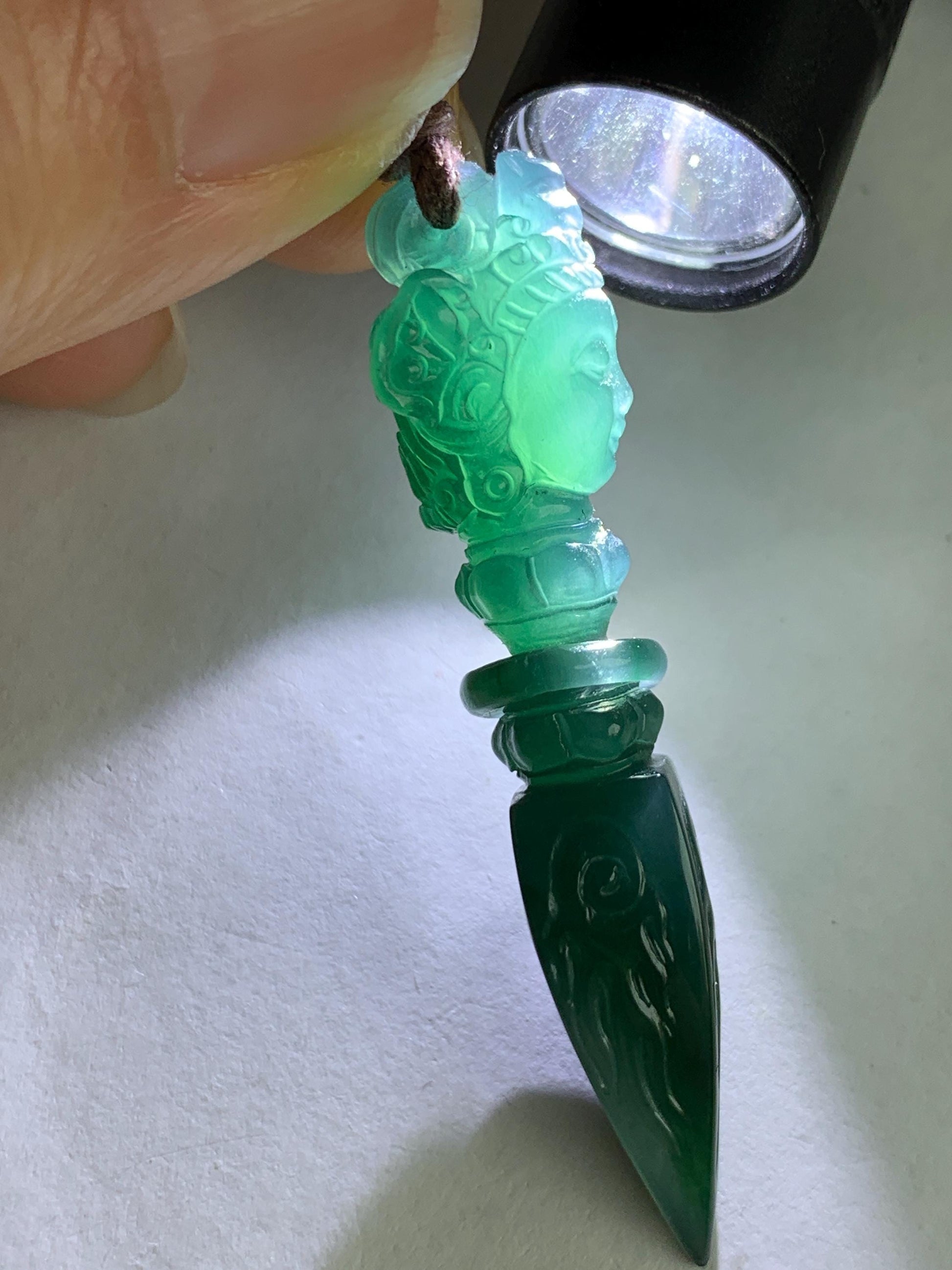 Natural Grade A Guatemalan Icy Translucent Dark Teal Blue Jade Jadeite Carved Vajra Pendant Rope Necklace 25” 7g 天然冰危蓝绿翡翠降魔杵吊坠项链 XMC238