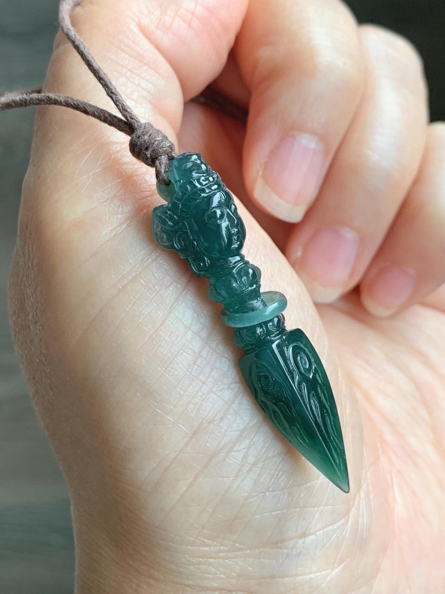 Natural Grade A Guatemalan Icy Translucent Dark Teal Blue Jade Jadeite Carved Vajra Pendant Rope Necklace 25” 7g 天然冰危蓝绿翡翠降魔杵吊坠项链 XMC238