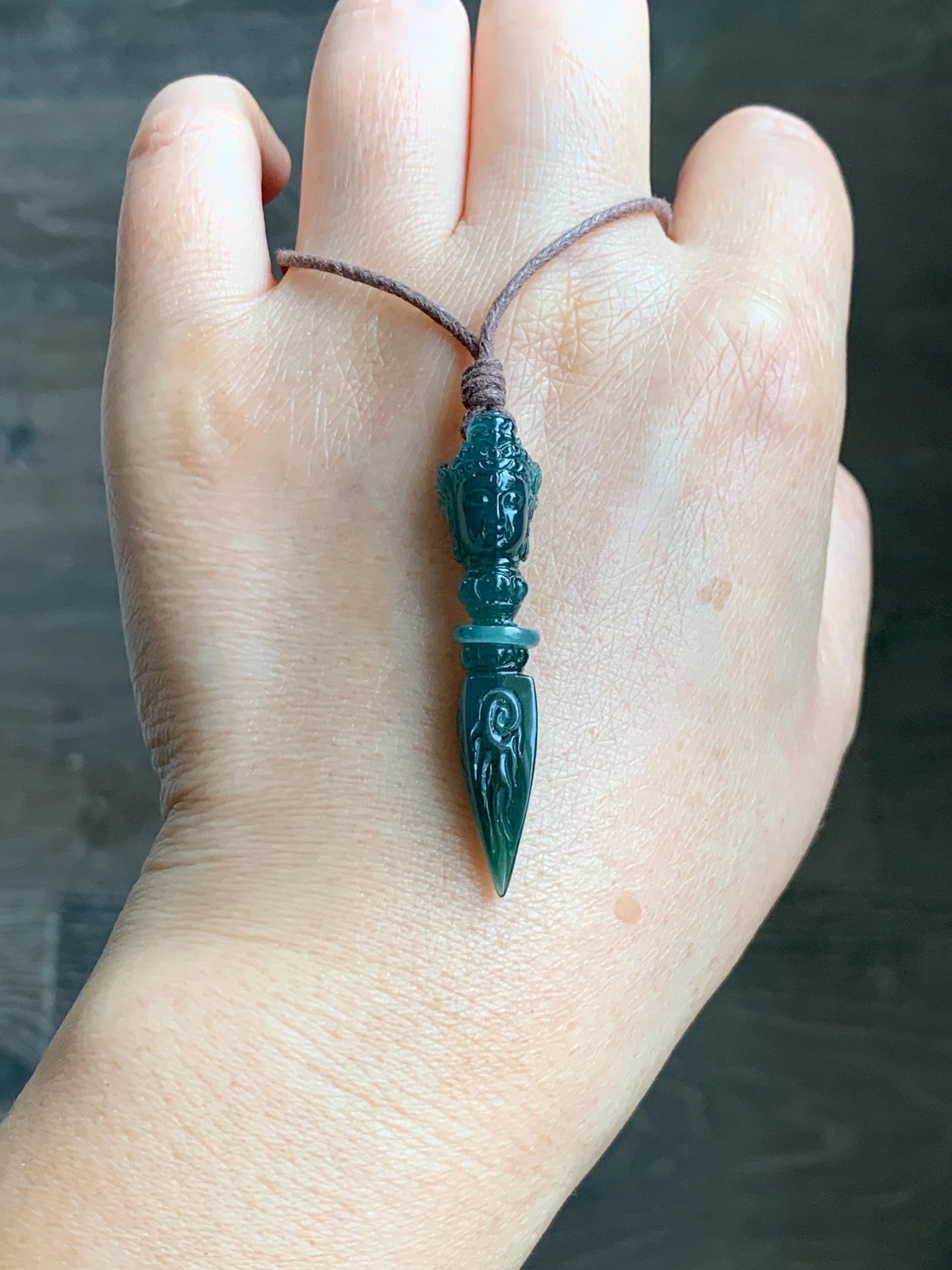 Natural Grade A Guatemalan Icy Translucent Dark Teal Blue Jade Jadeite Carved Vajra Pendant Rope Necklace 25” 7g 天然冰危蓝绿翡翠降魔杵吊坠项链 XMC238
