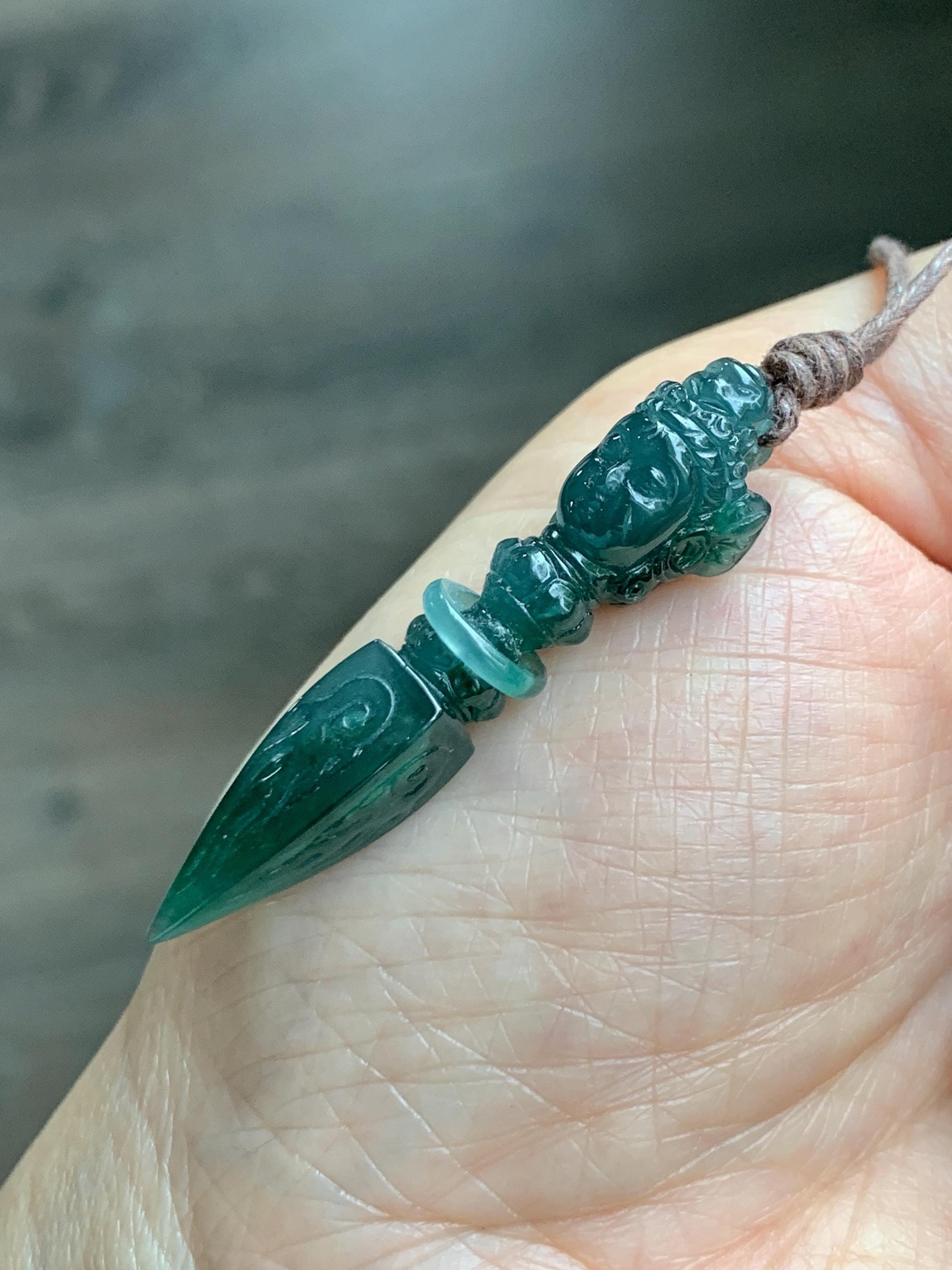 Natural Grade A Guatemalan Icy Translucent Dark Teal Blue Jade Jadeite Carved Vajra Pendant Rope Necklace 25” 7g 天然冰危蓝绿翡翠降魔杵吊坠项链 XMC238