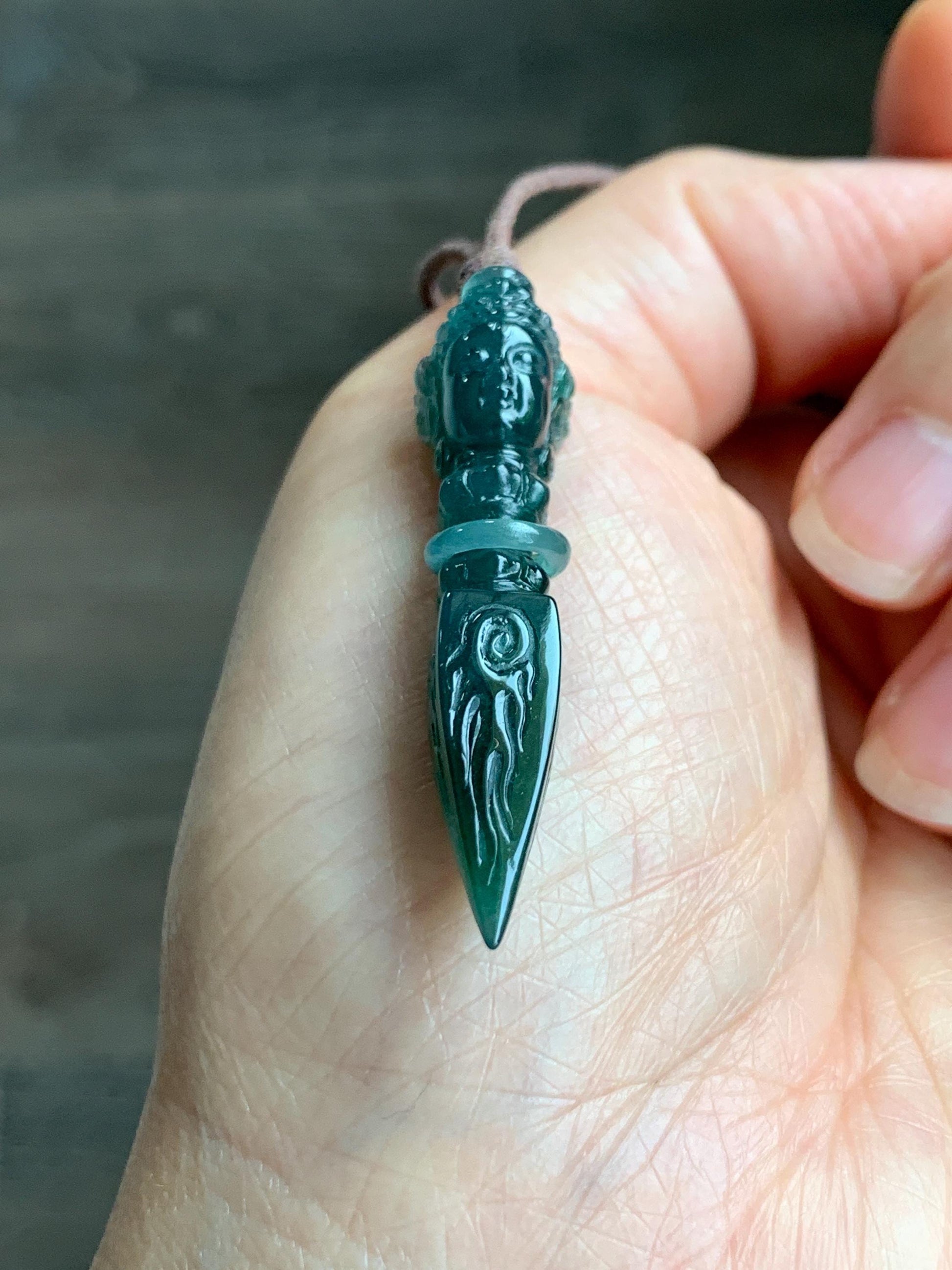 Natural Grade A Guatemalan Icy Translucent Dark Teal Blue Jade Jadeite Carved Vajra Pendant Rope Necklace 25” 7g 天然冰危蓝绿翡翠降魔杵吊坠项链 XMC238