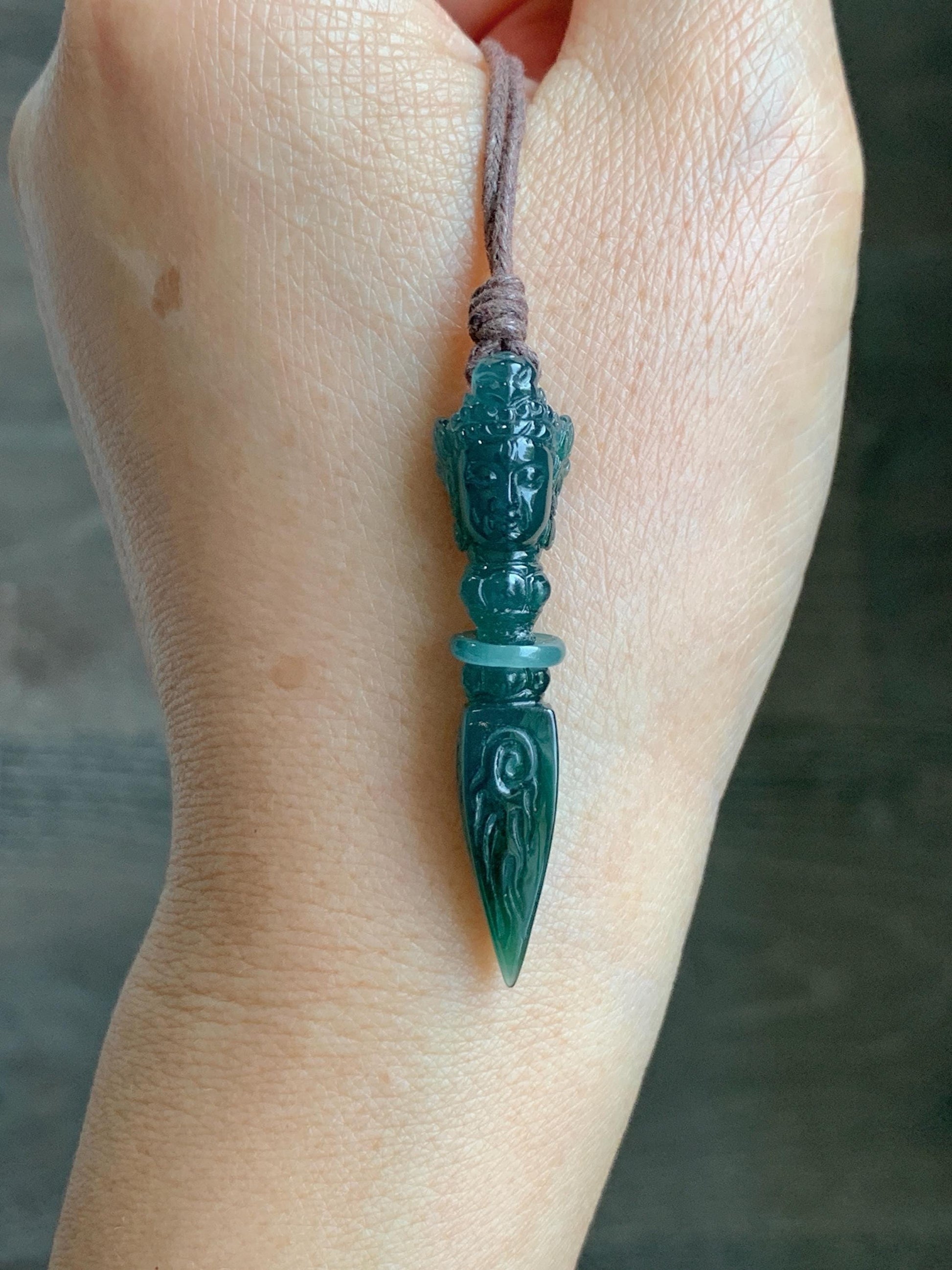 Natural Grade A Guatemalan Icy Translucent Dark Teal Blue Jade Jadeite Carved Vajra Pendant Rope Necklace 25” 7g 天然冰危蓝绿翡翠降魔杵吊坠项链 XMC238