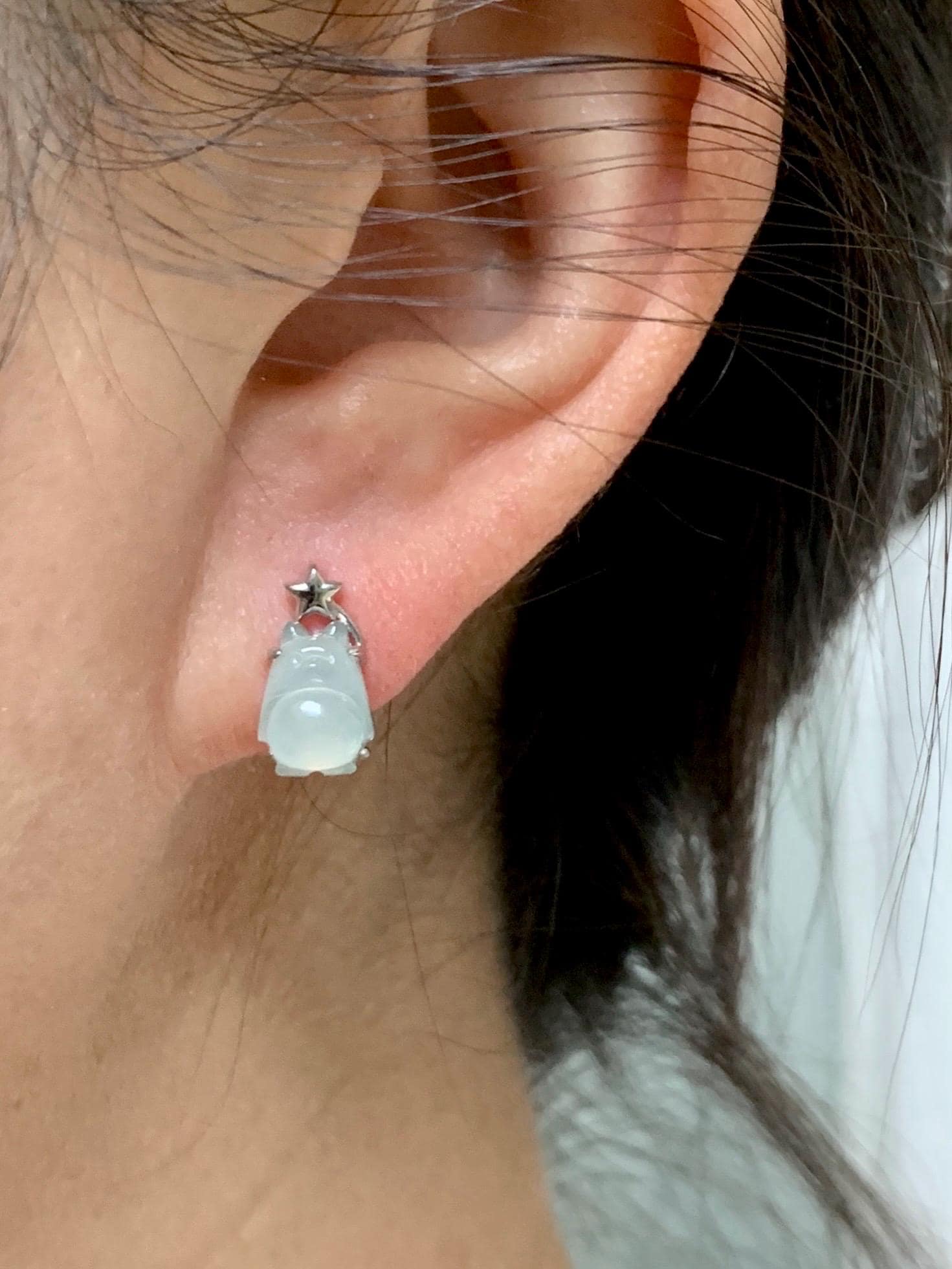 Certified Natural Grade A Icy Translucent White Jade Jadeite Carved Totoro Stud Earrings Sterling Silver 2.14g 天然白冰翡翠龙猫镶嵌耳钉 177