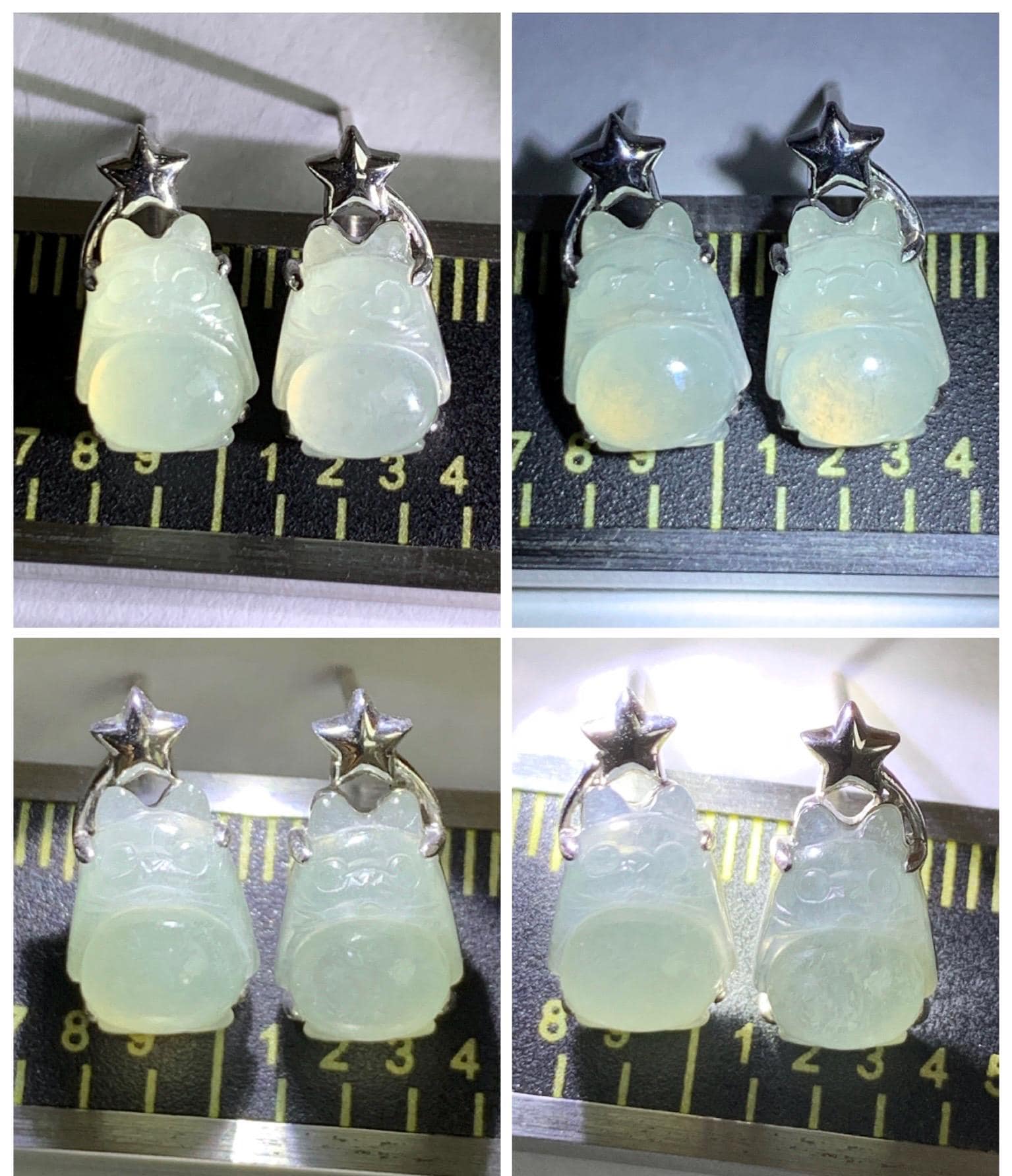Certified Natural Grade A Icy Translucent White Jade Jadeite Carved Totoro Stud Earrings Sterling Silver 2.14g 天然白冰翡翠龙猫镶嵌耳钉 177