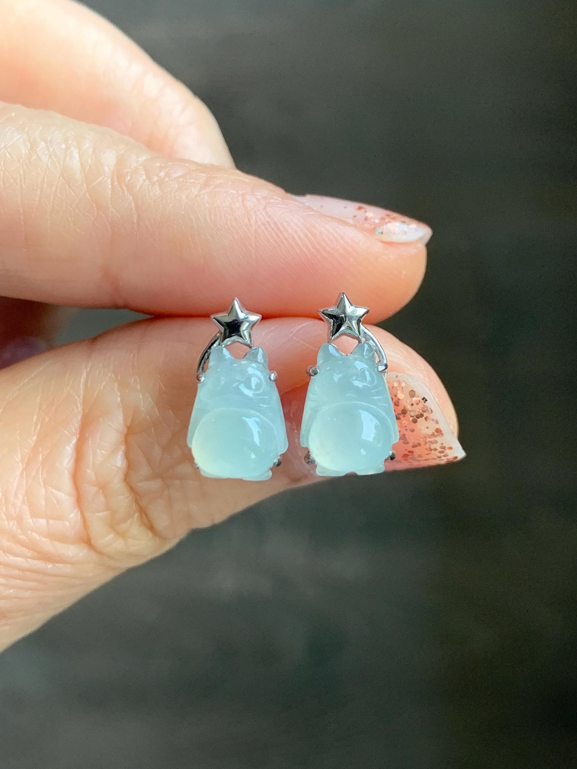 Certified Natural Grade A Icy Translucent White Jade Jadeite Carved Totoro Stud Earrings Sterling Silver 2.14g 天然白冰翡翠龙猫镶嵌耳钉 177