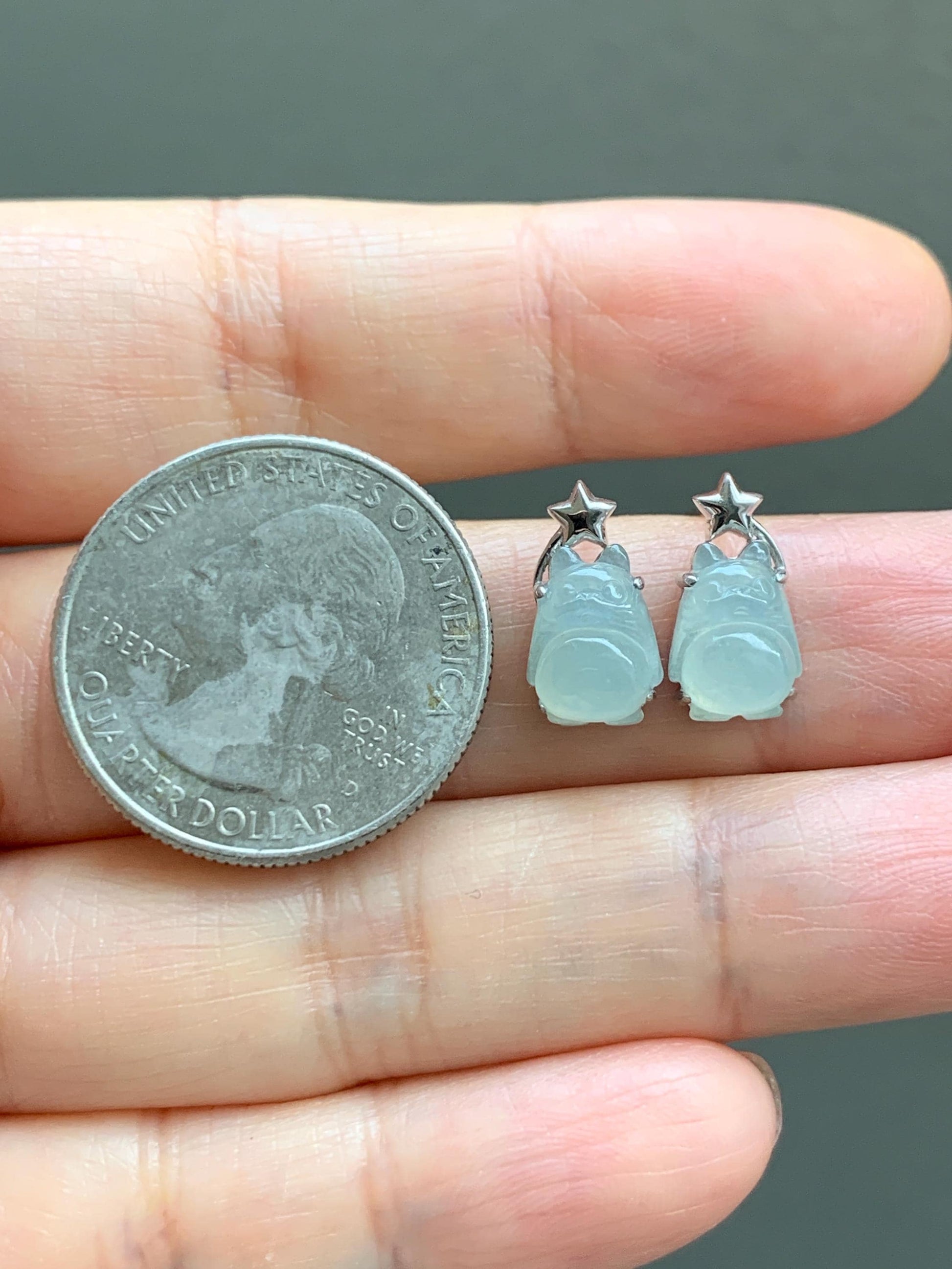 Certified Natural Grade A Icy Translucent White Jade Jadeite Carved Totoro Stud Earrings Sterling Silver 2.14g 天然白冰翡翠龙猫镶嵌耳钉 177