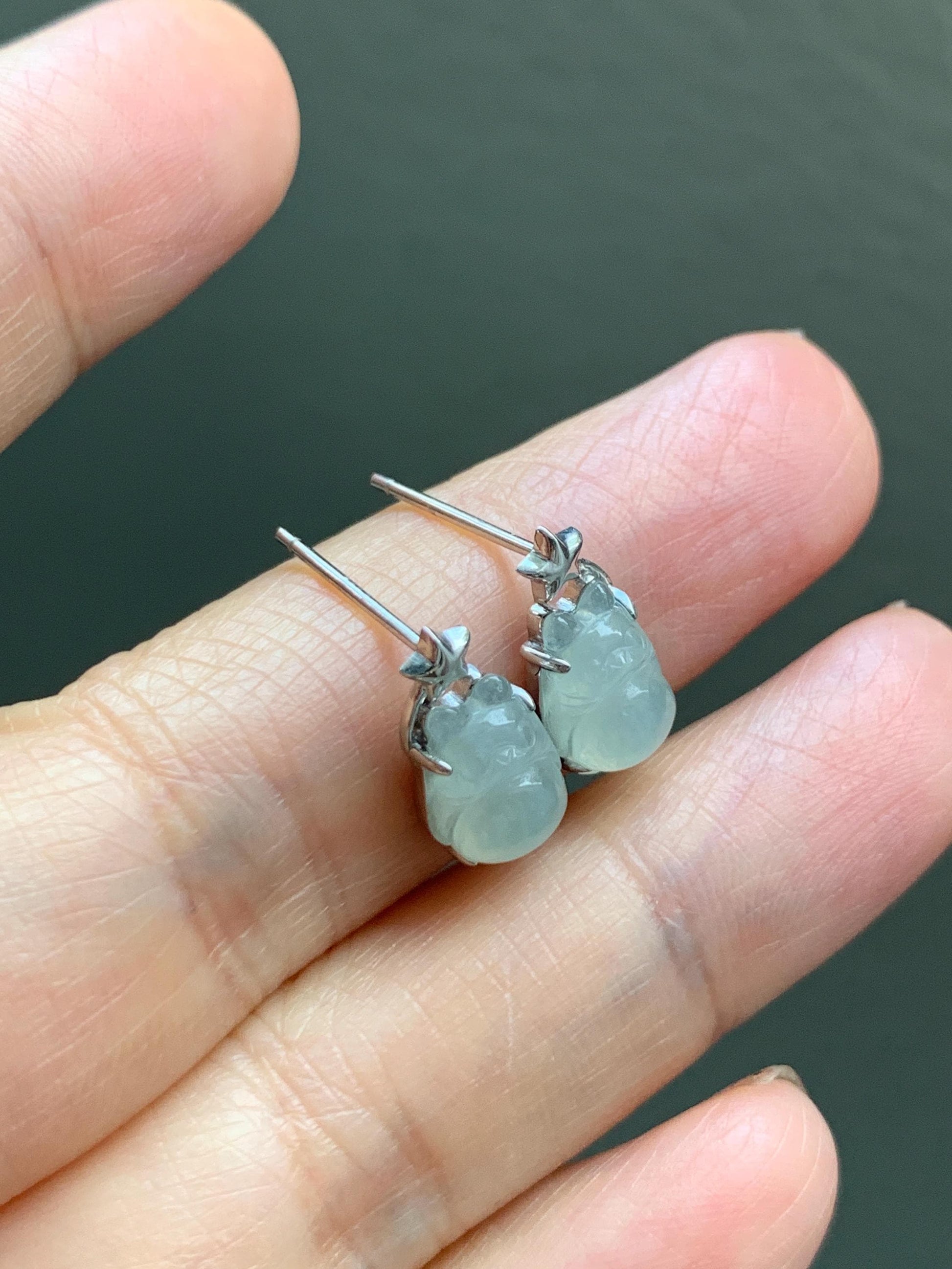 Certified Natural Grade A Icy Translucent White Jade Jadeite Carved Totoro Stud Earrings Sterling Silver 2.14g 天然白冰翡翠龙猫镶嵌耳钉 177