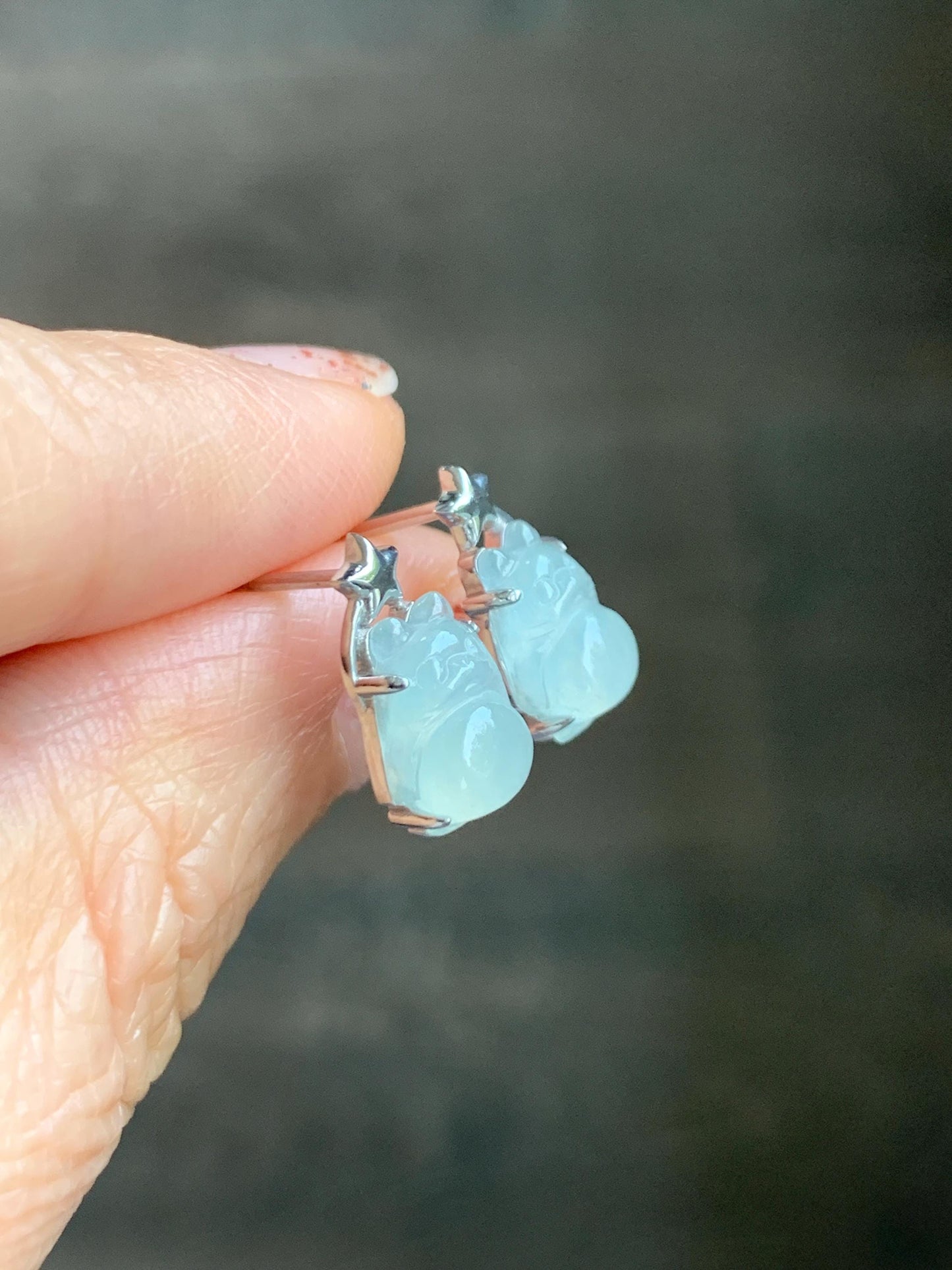 Certified Natural Grade A Icy Translucent White Jade Jadeite Carved Totoro Stud Earrings Sterling Silver 2.14g 天然白冰翡翠龙猫镶嵌耳钉 177