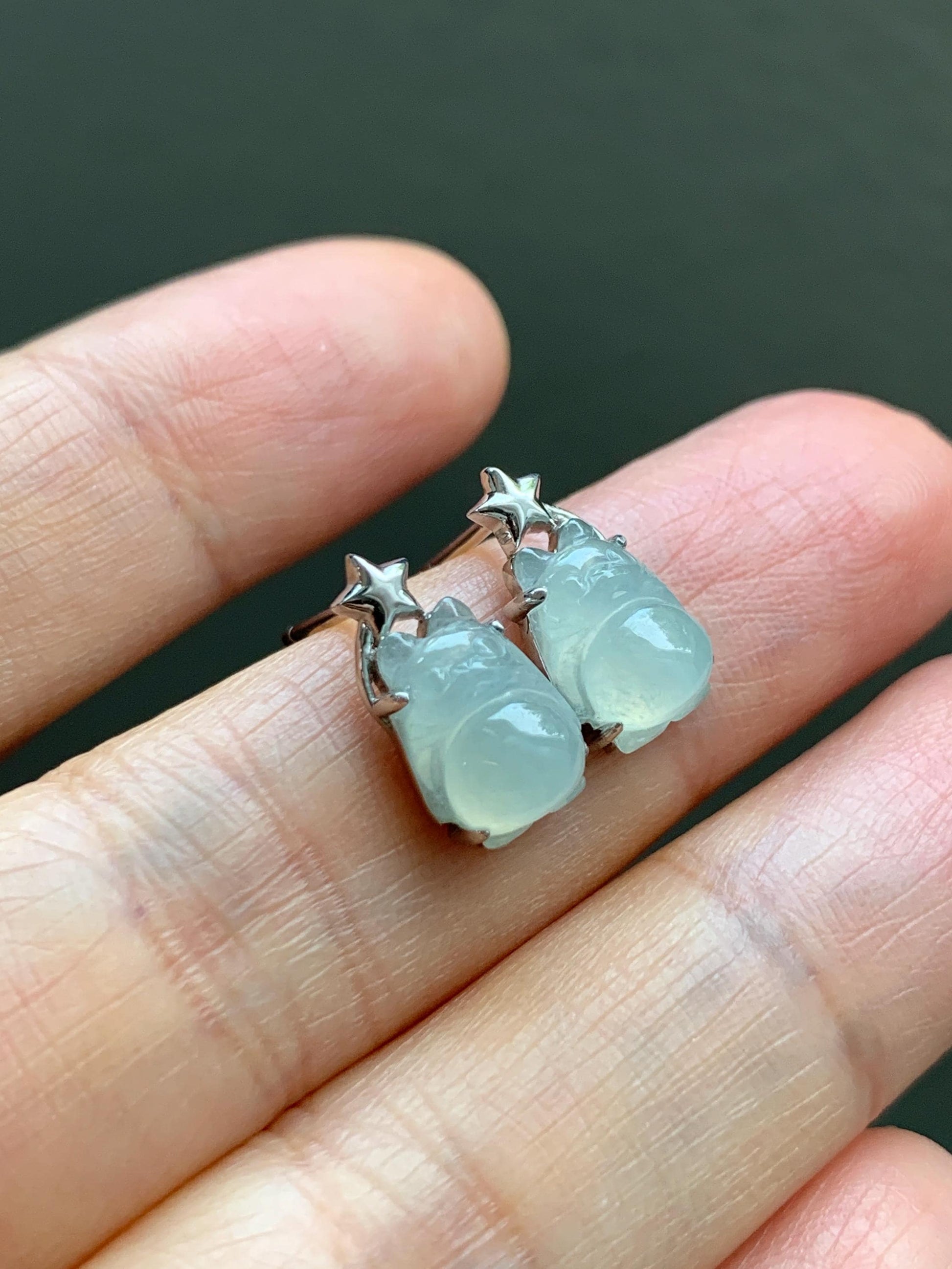 Certified Natural Grade A Icy Translucent White Jade Jadeite Carved Totoro Stud Earrings Sterling Silver 2.14g 天然白冰翡翠龙猫镶嵌耳钉 177