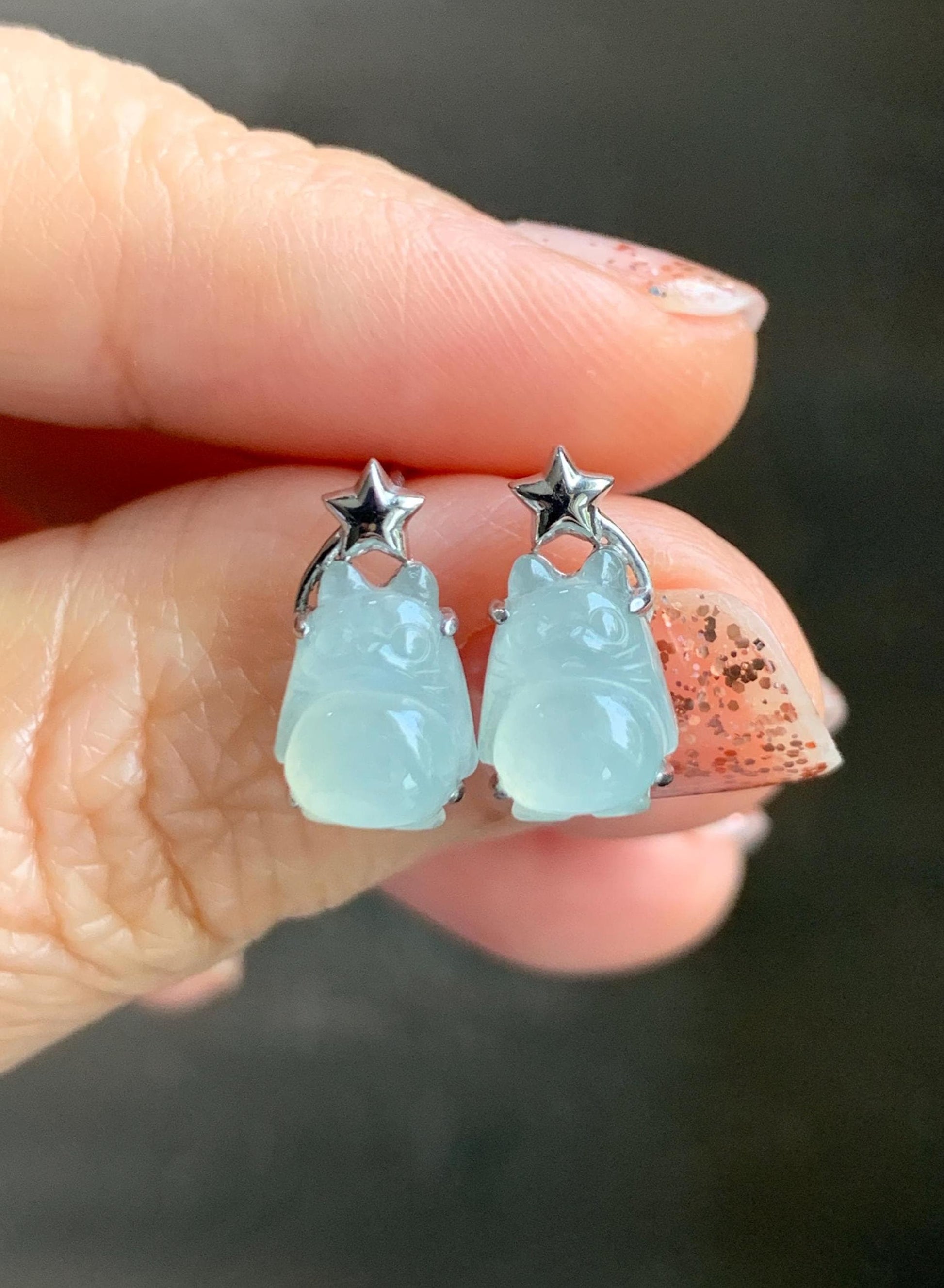 Certified Natural Grade A Icy Translucent White Jade Jadeite Carved Totoro Stud Earrings Sterling Silver 2.14g 天然白冰翡翠龙猫镶嵌耳钉 177