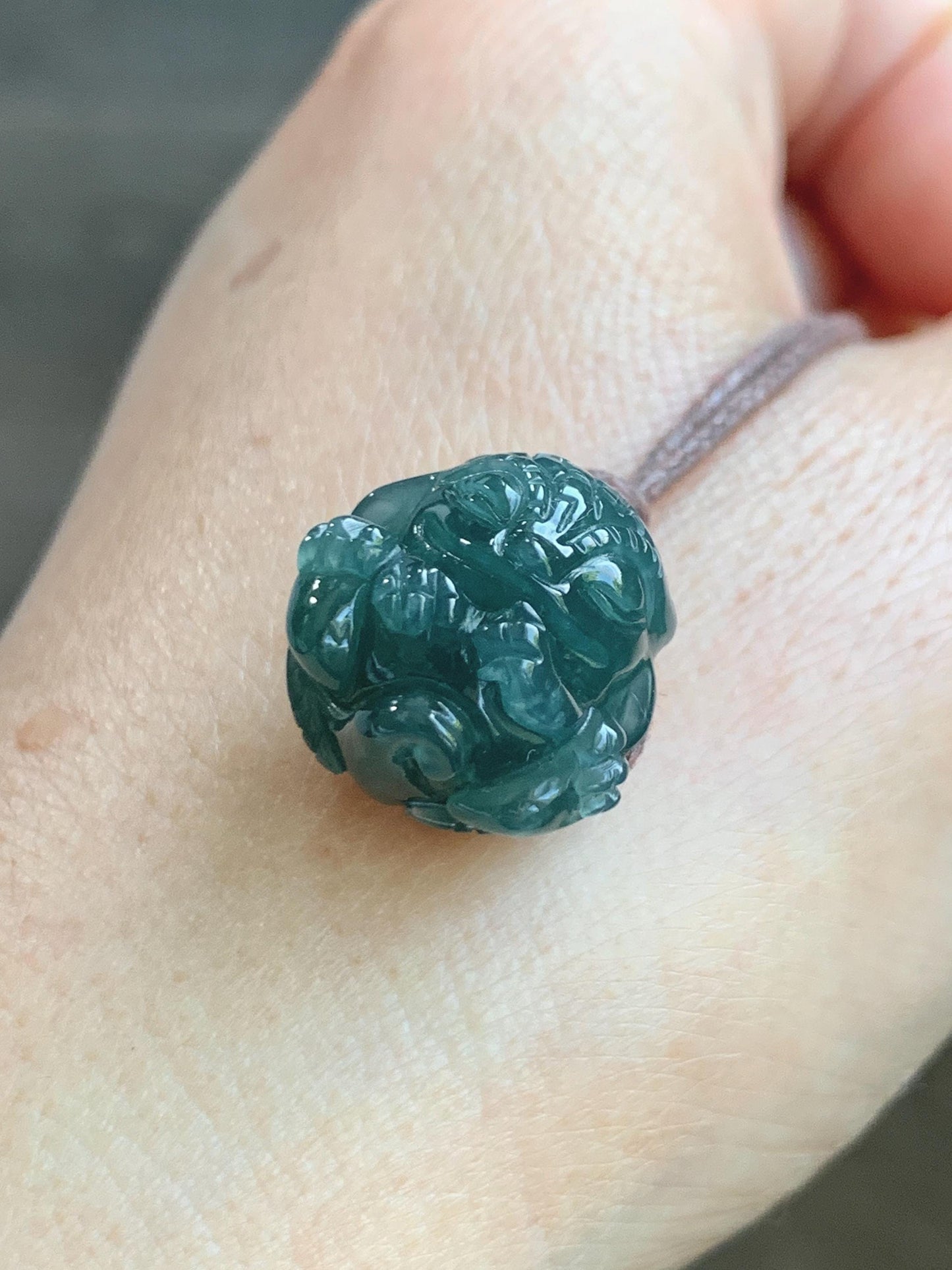 Natural Grade A Guatemalan Icy Translucent Dark Teal Blue Jade Jadeite Baby Dragon Ball Pendant Rope Necklace 26” 天然老种冰胶危深蓝翡翠龙宝宝吊坠 LBZ264C