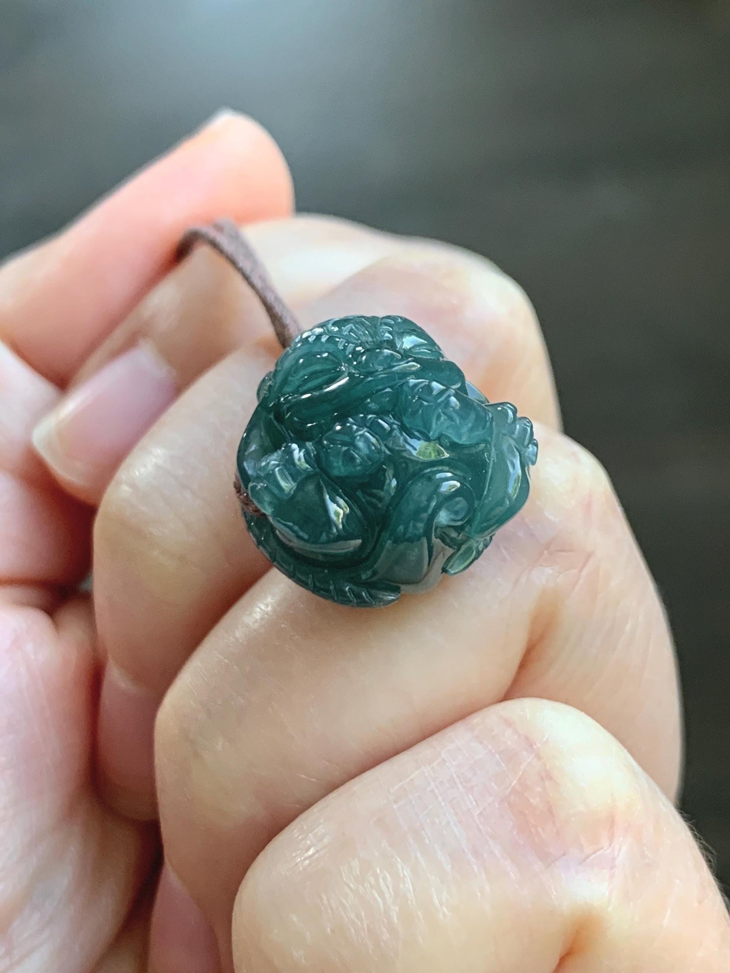 Natural Grade A Guatemalan Icy Translucent Dark Teal Blue Jade Jadeite Baby Dragon Ball Pendant Rope Necklace 26” 天然老种冰胶危深蓝翡翠龙宝宝吊坠 LBZ264C
