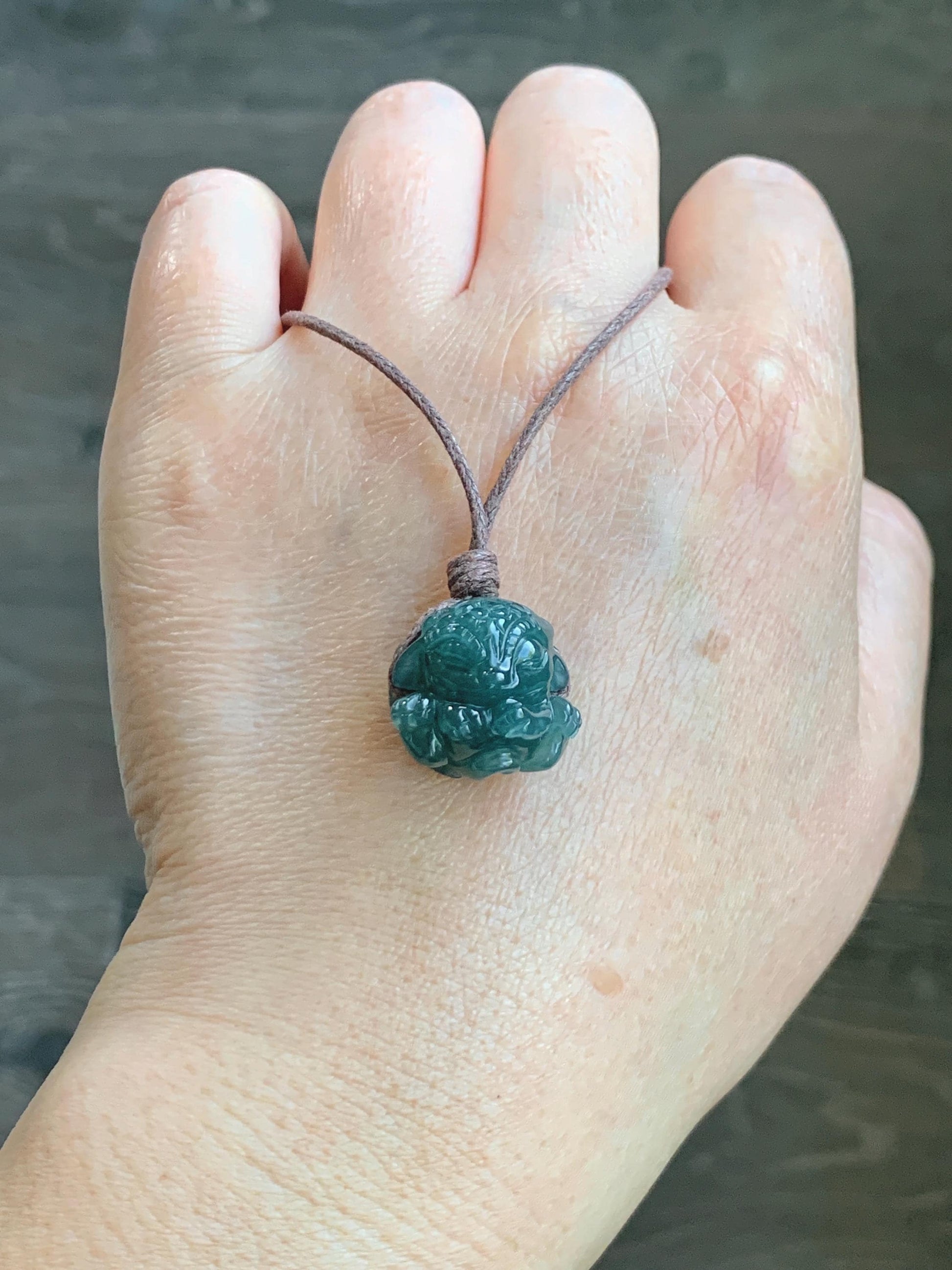 Natural Grade A Guatemalan Icy Translucent Dark Teal Blue Jade Jadeite Baby Dragon Ball Pendant Rope Necklace 26” 天然老种冰胶危深蓝翡翠龙宝宝吊坠 LBZ264C