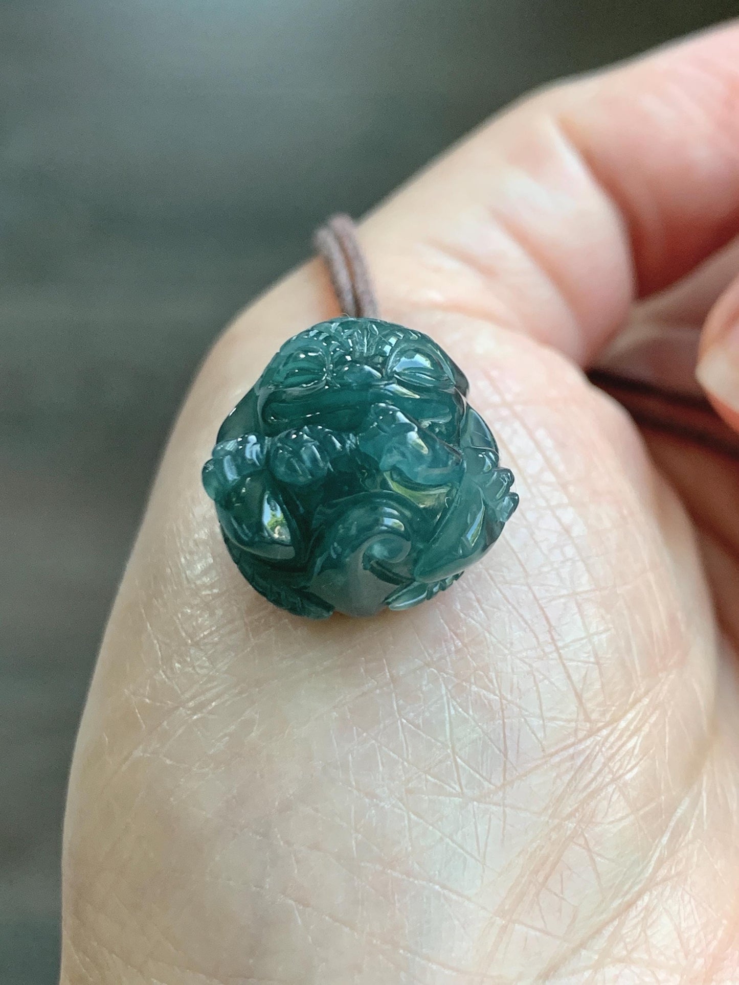 Natural Grade A Guatemalan Icy Translucent Dark Teal Blue Jade Jadeite Baby Dragon Ball Pendant Rope Necklace 26” 天然老种冰胶危深蓝翡翠龙宝宝吊坠 LBZ264C