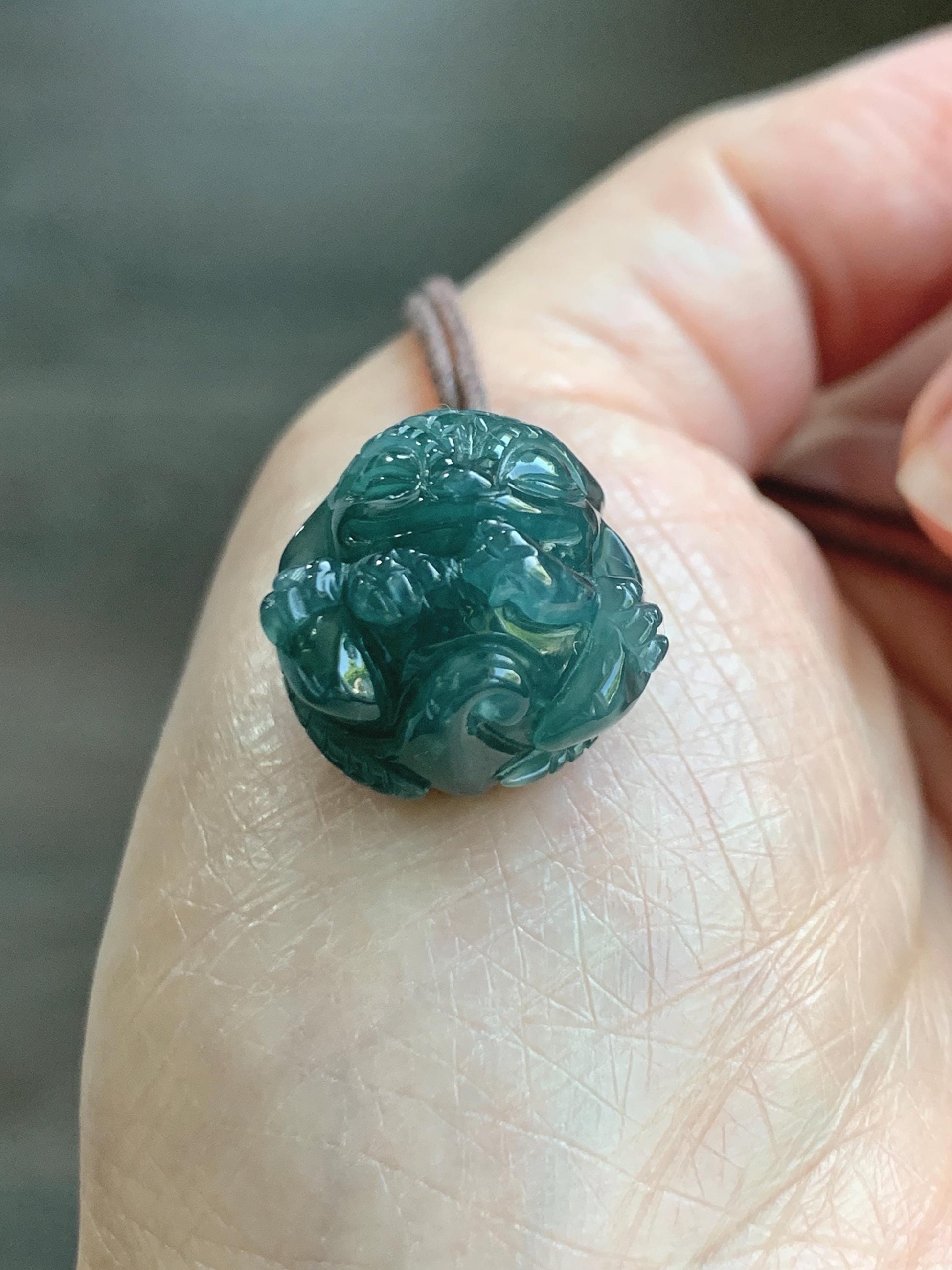 Natural Grade A Guatemalan Icy Translucent Dark Teal Blue Jade Jadeite Baby Dragon Ball Pendant Rope Necklace 26” 天然老种冰胶危深蓝翡翠龙宝宝吊坠 LBZ264C