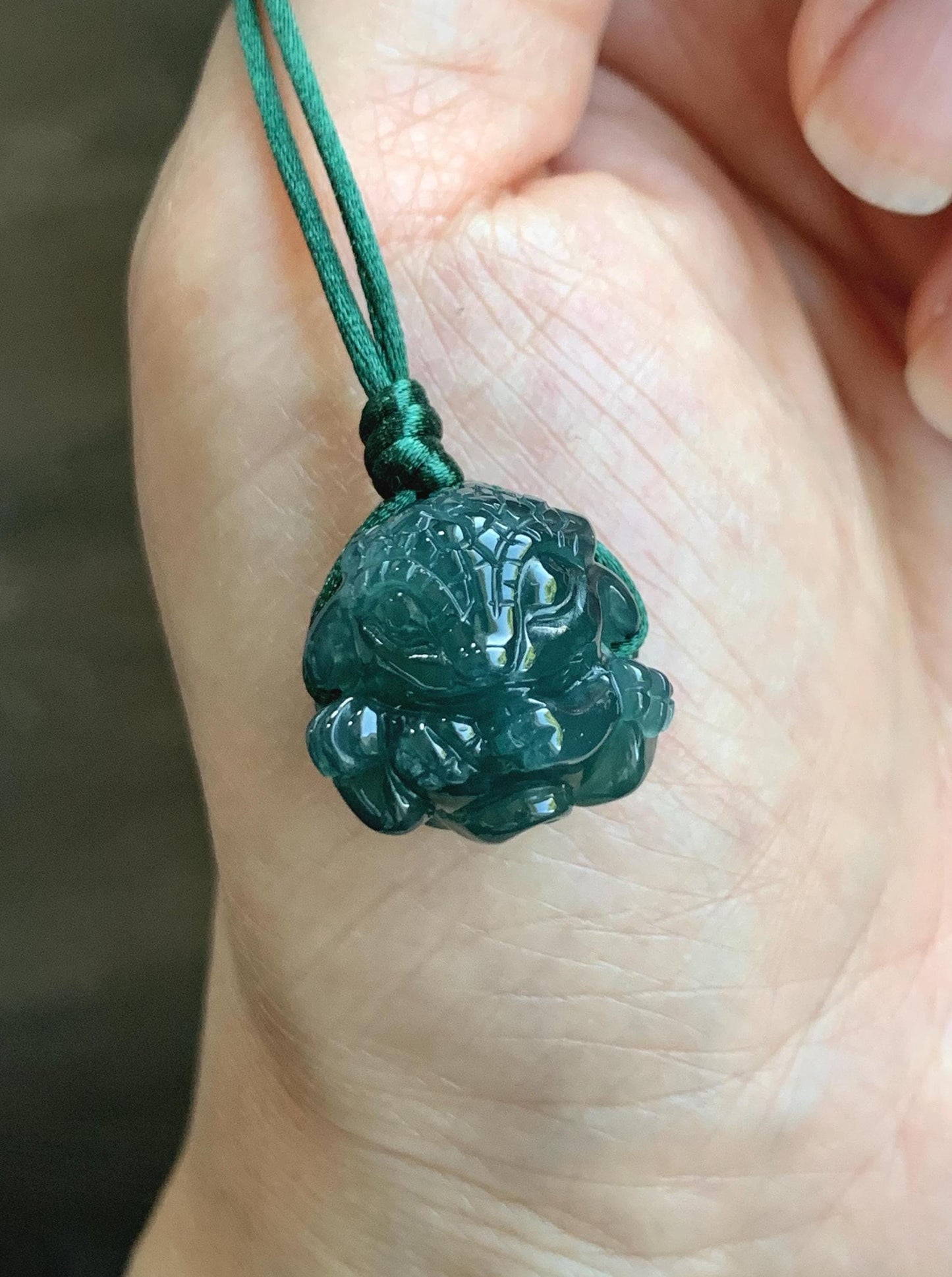 Natural Grade A Guatemalan Icy Translucent Dark Teal Blue Jade Jadeite Baby Dragon Ball Pendant Rope Necklace 26” 天然老种冰胶危深蓝翡翠龙宝宝吊坠 LBZ264B