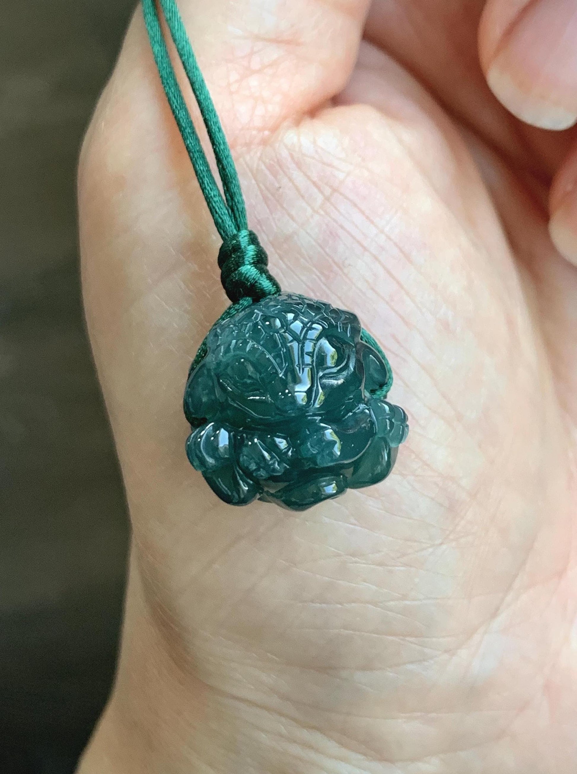 Natural Grade A Guatemalan Icy Translucent Dark Teal Blue Jade Jadeite Baby Dragon Ball Pendant Rope Necklace 26” 天然老种冰胶危深蓝翡翠龙宝宝吊坠 LBZ264B