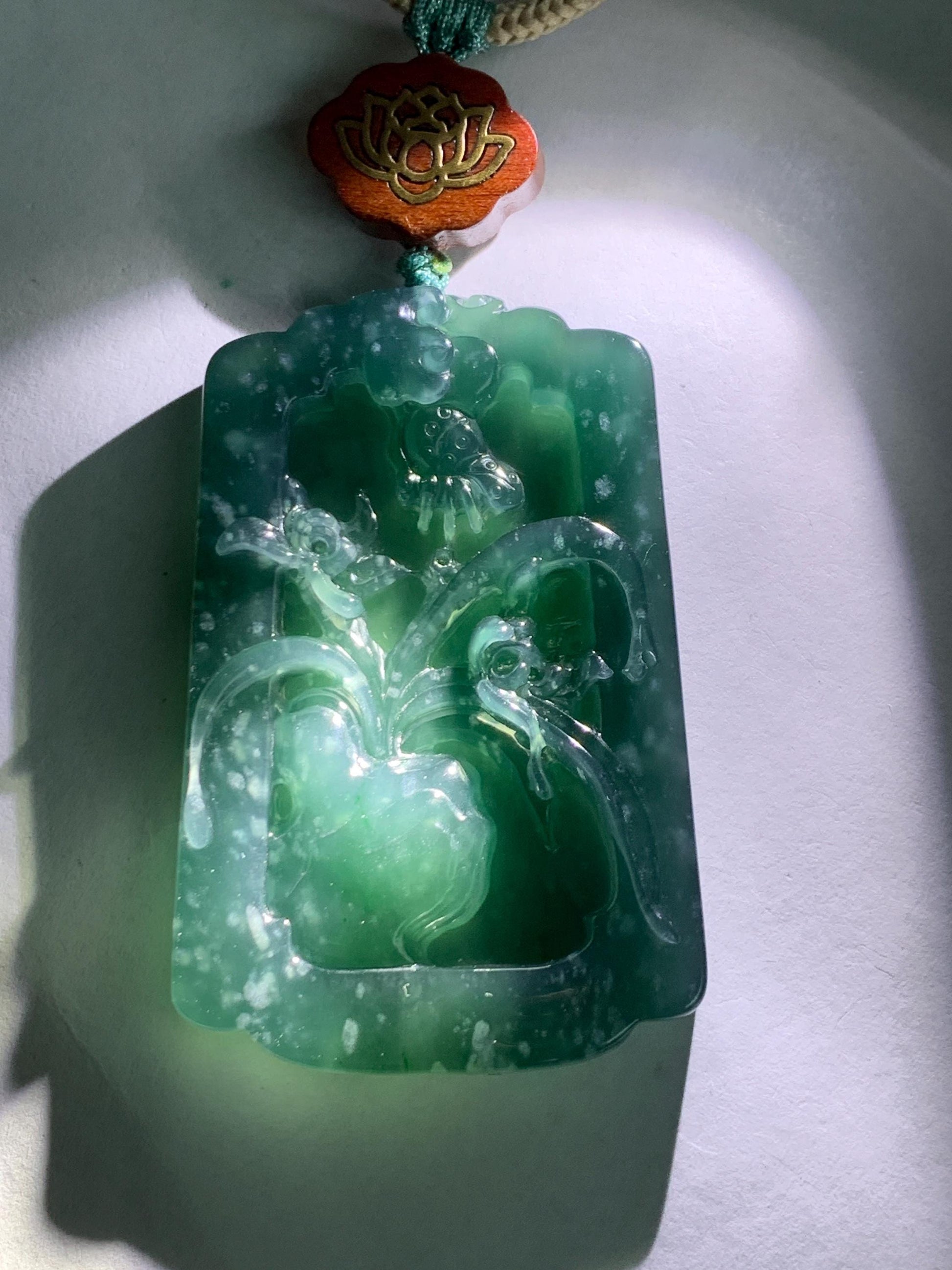 Natural Grade A Guatemalan Icy Translucent Dark Teal Blue Jade Jadeite Carved Orchid Pendant Rope Necklace 29.5" 40g 天然冰危湖水蓝翡翠兰花牌吊坠LHP220