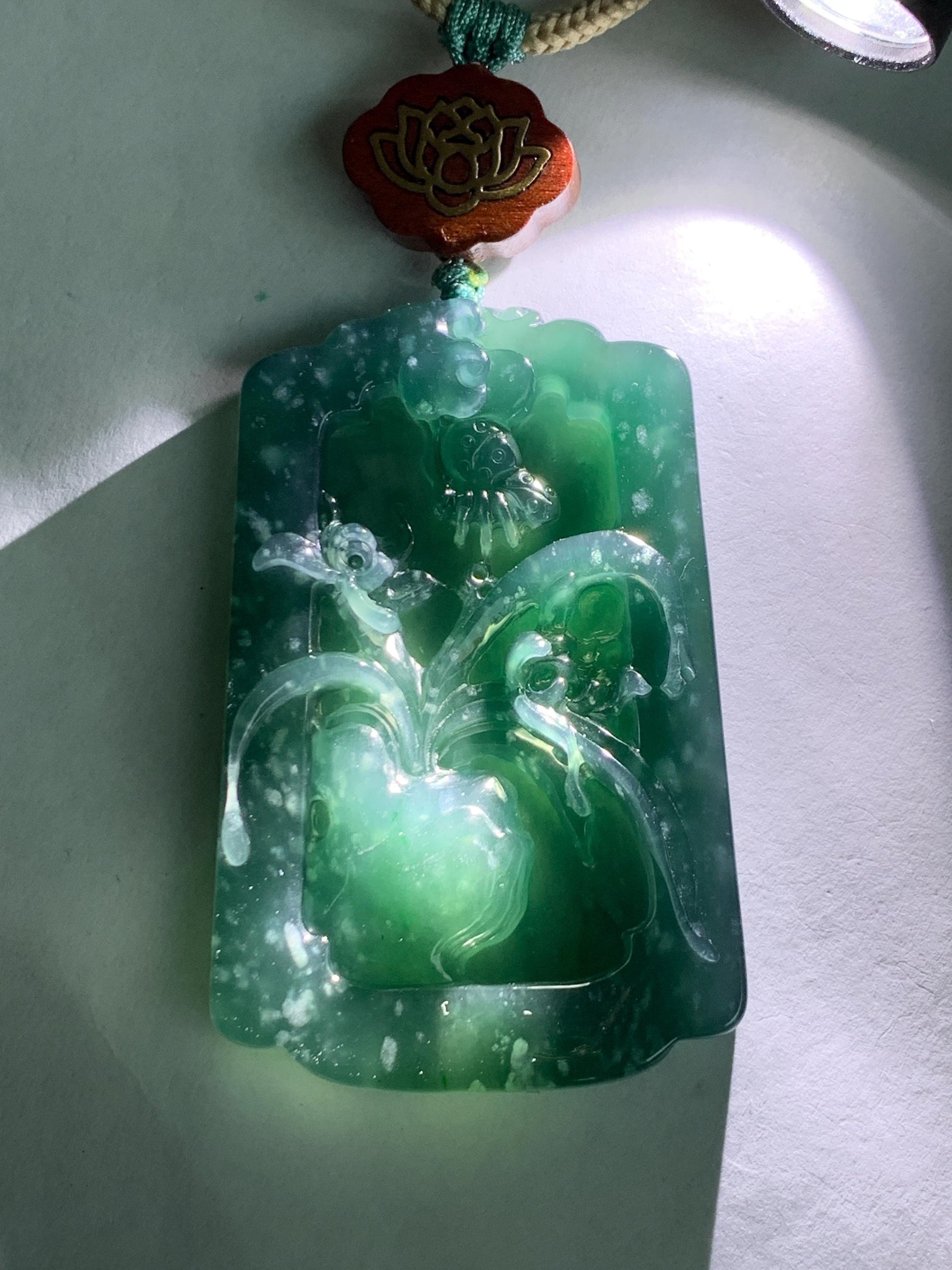 Natural Grade A Guatemalan Icy Translucent Dark Teal Blue Jade Jadeite Carved Orchid Pendant Rope Necklace 29.5" 40g 天然冰危湖水蓝翡翠兰花牌吊坠LHP220