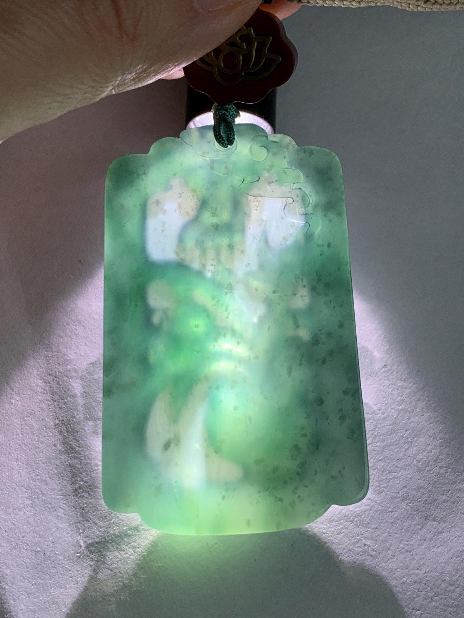 Natural Grade A Guatemalan Icy Translucent Dark Teal Blue Jade Jadeite Carved Orchid Pendant Rope Necklace 29.5" 40g 天然冰危湖水蓝翡翠兰花牌吊坠LHP220