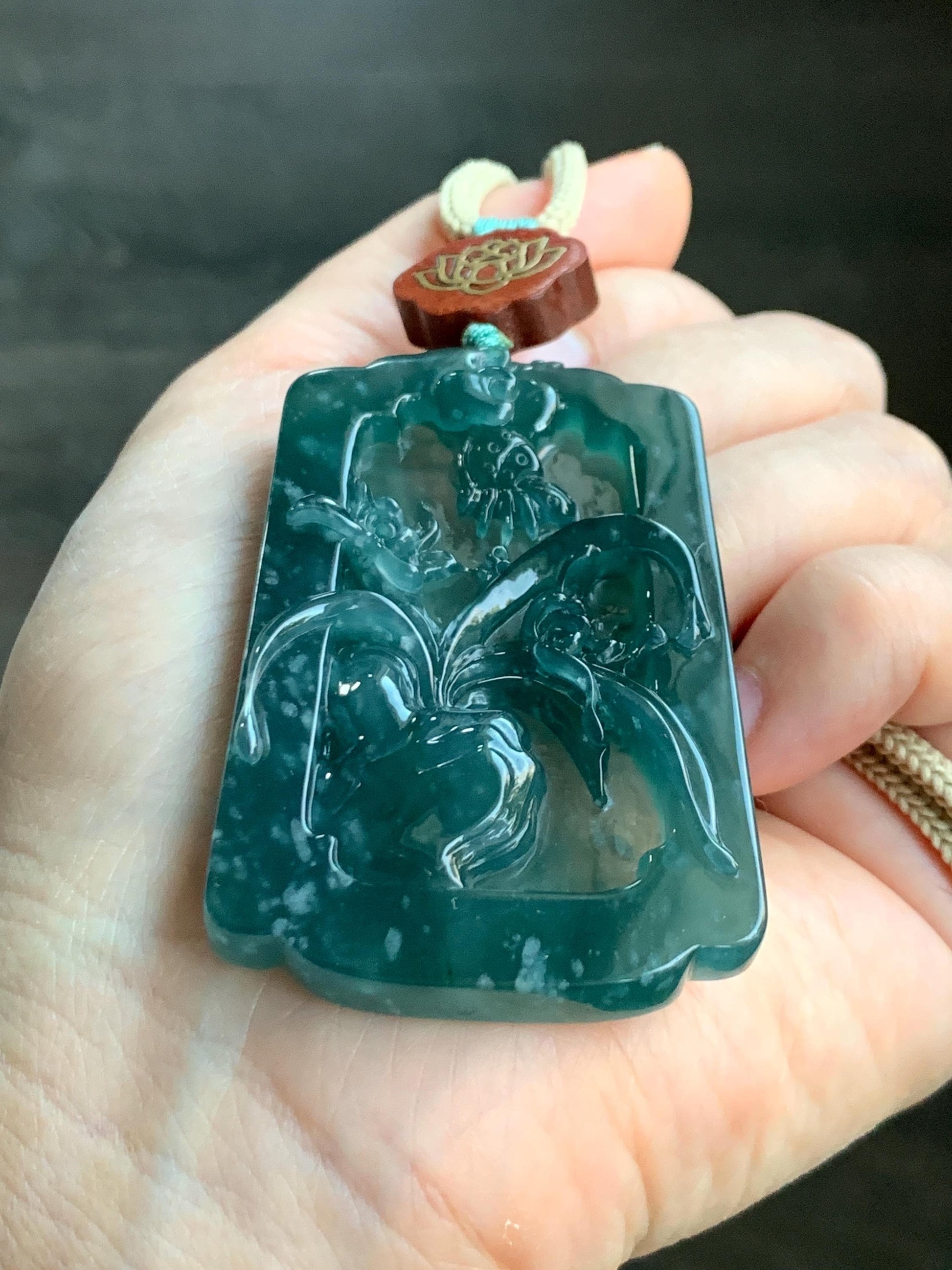 Natural Grade A Guatemalan Icy Translucent Dark Teal Blue Jade Jadeite Carved Orchid Pendant Rope Necklace 29.5" 40g 天然冰危湖水蓝翡翠兰花牌吊坠LHP220