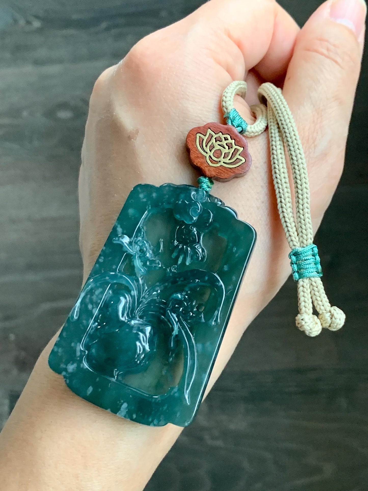 Natural Grade A Guatemalan Icy Translucent Dark Teal Blue Jade Jadeite Carved Orchid Pendant Rope Necklace 29.5" 40g 天然冰危湖水蓝翡翠兰花牌吊坠LHP220
